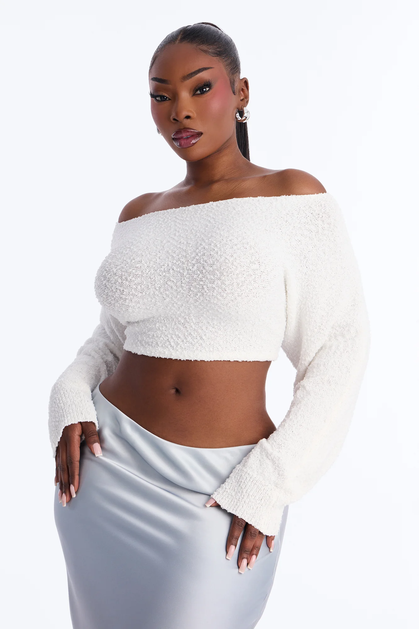 Comfy On Purpose Cropped Off Shoulder Sweater Top - Cream - Image 4