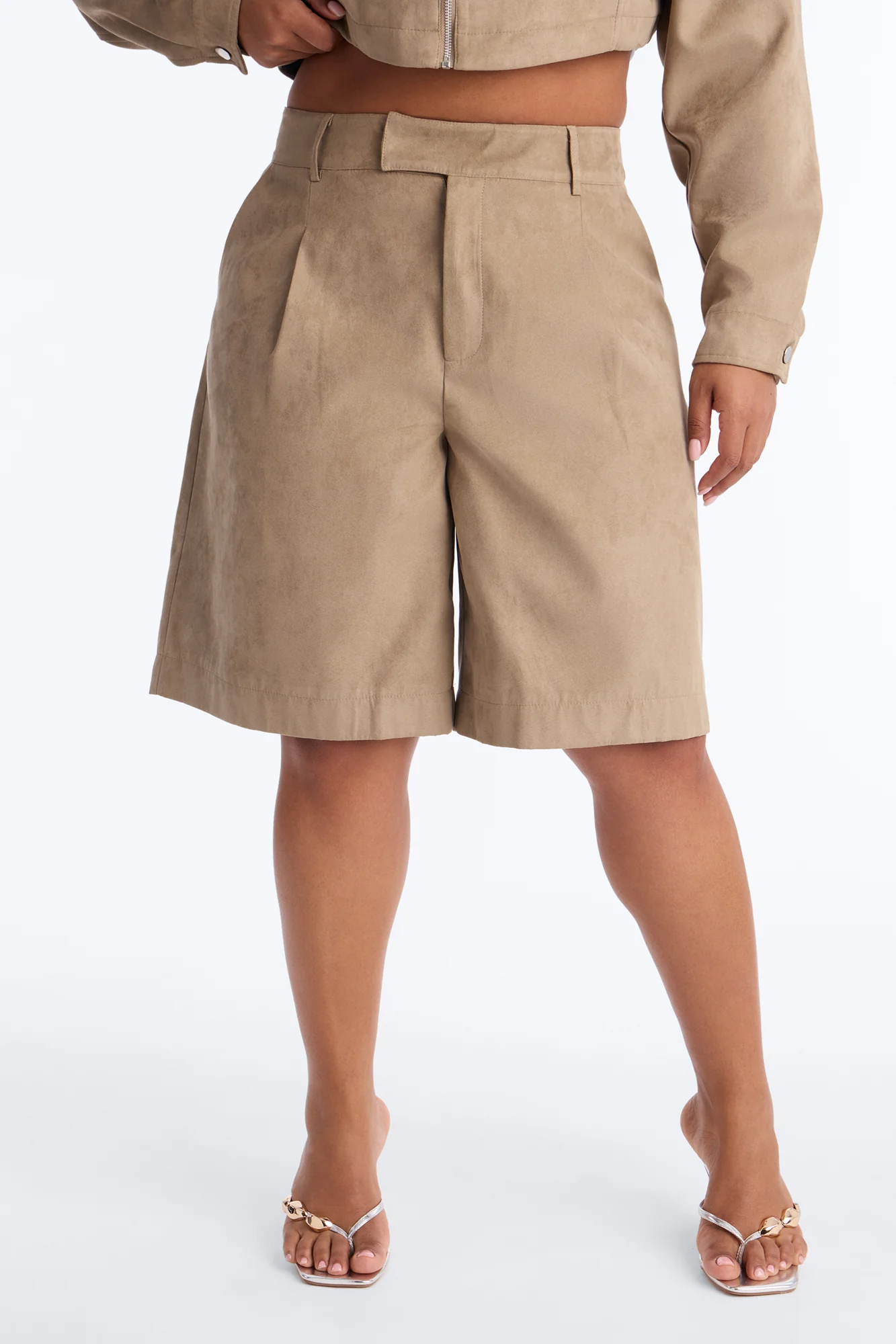 Command The Streets Faux Suede Bermuda Shorts - Taupe - Image 6