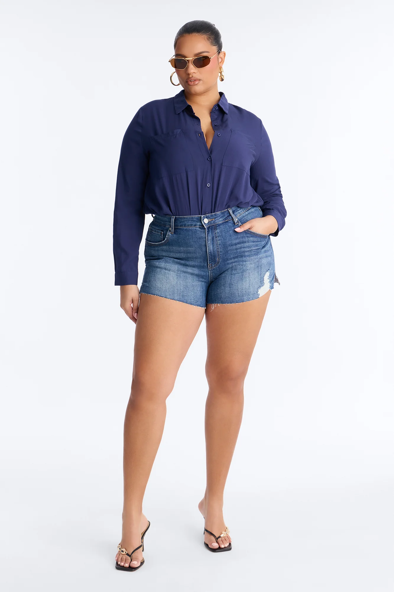 Common Decency Stretch Denim Cut Off Shorts - Medium Wash - Image 5