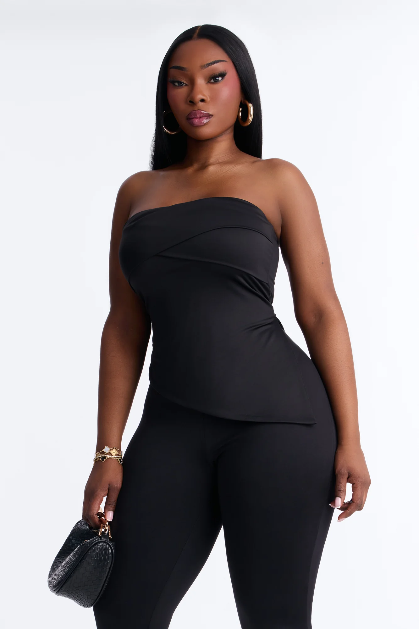 Contour Double Lined Asymmetrical Split Tube Top - Black - Image 5