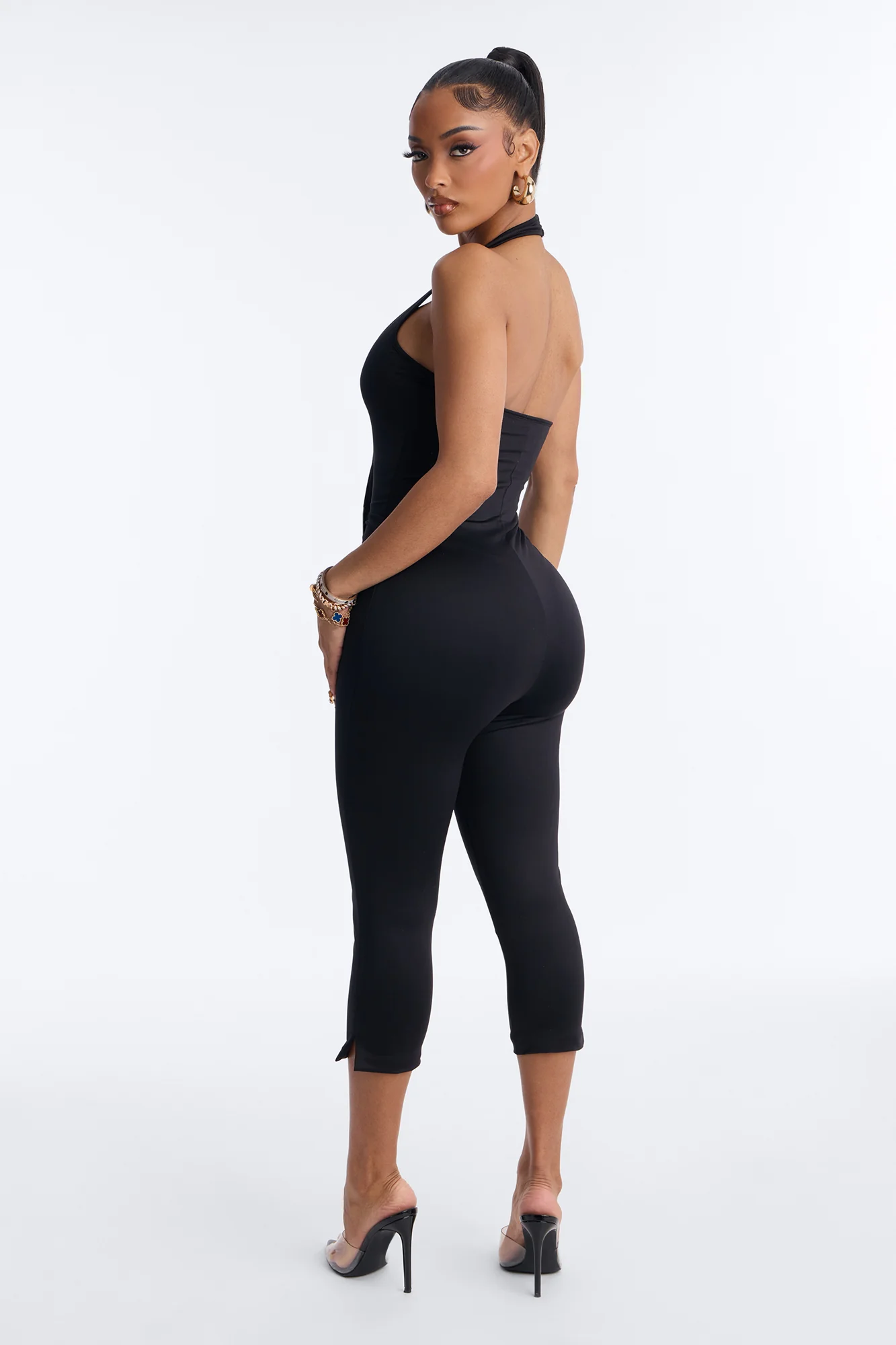 Contour Double Lined Halter Capri Jumpsuit - Black - Image 4