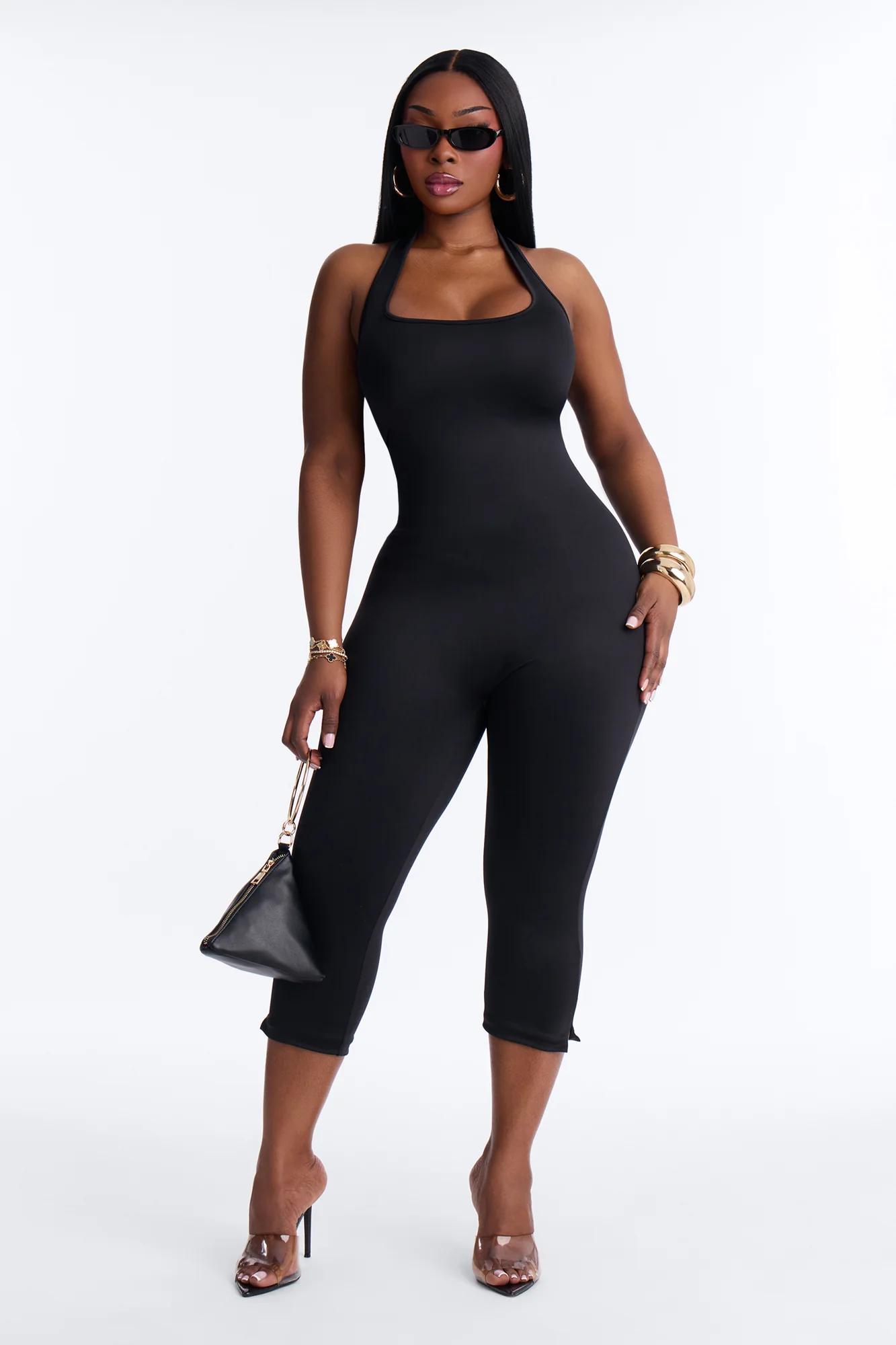 Contour Double Lined Halter Capri Jumpsuit - Black - Image 5