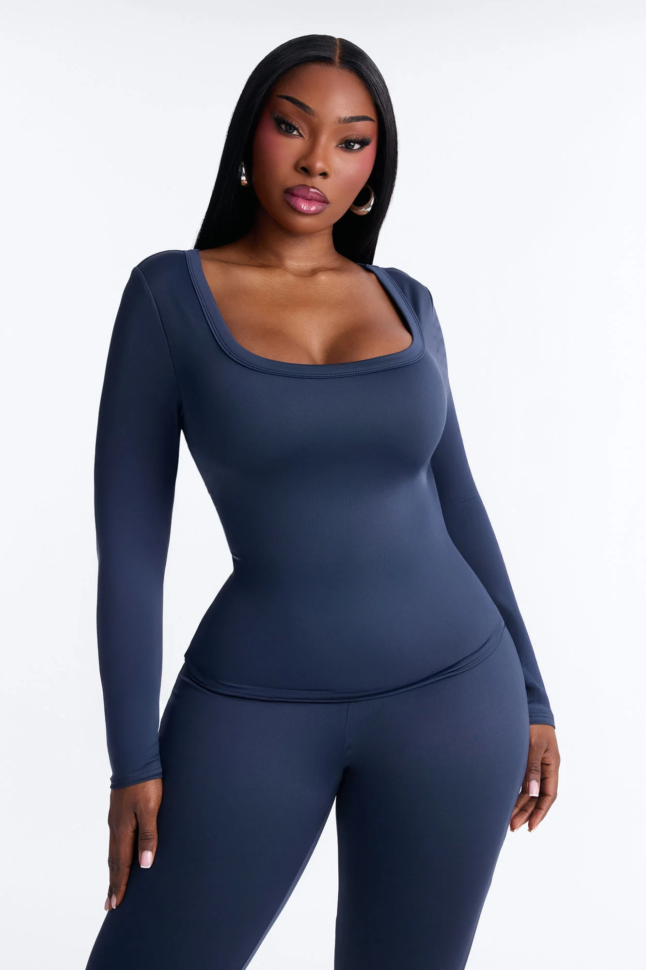 Contour Double Lined Scoop Neck Long Sleeve Top - Navy - Image 5