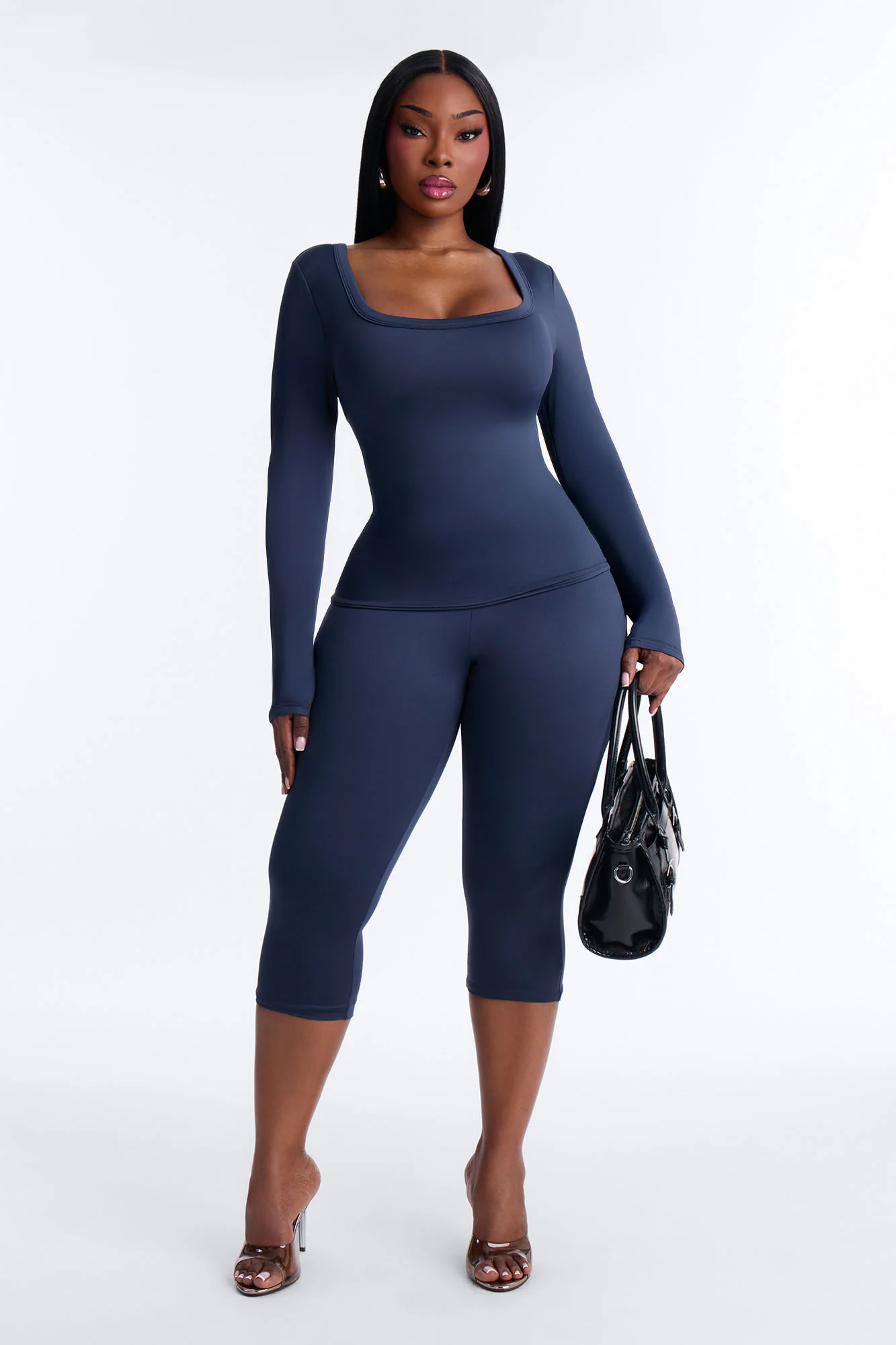 Contour Double Lined Scoop Neck Long Sleeve Top - Navy - Image 6