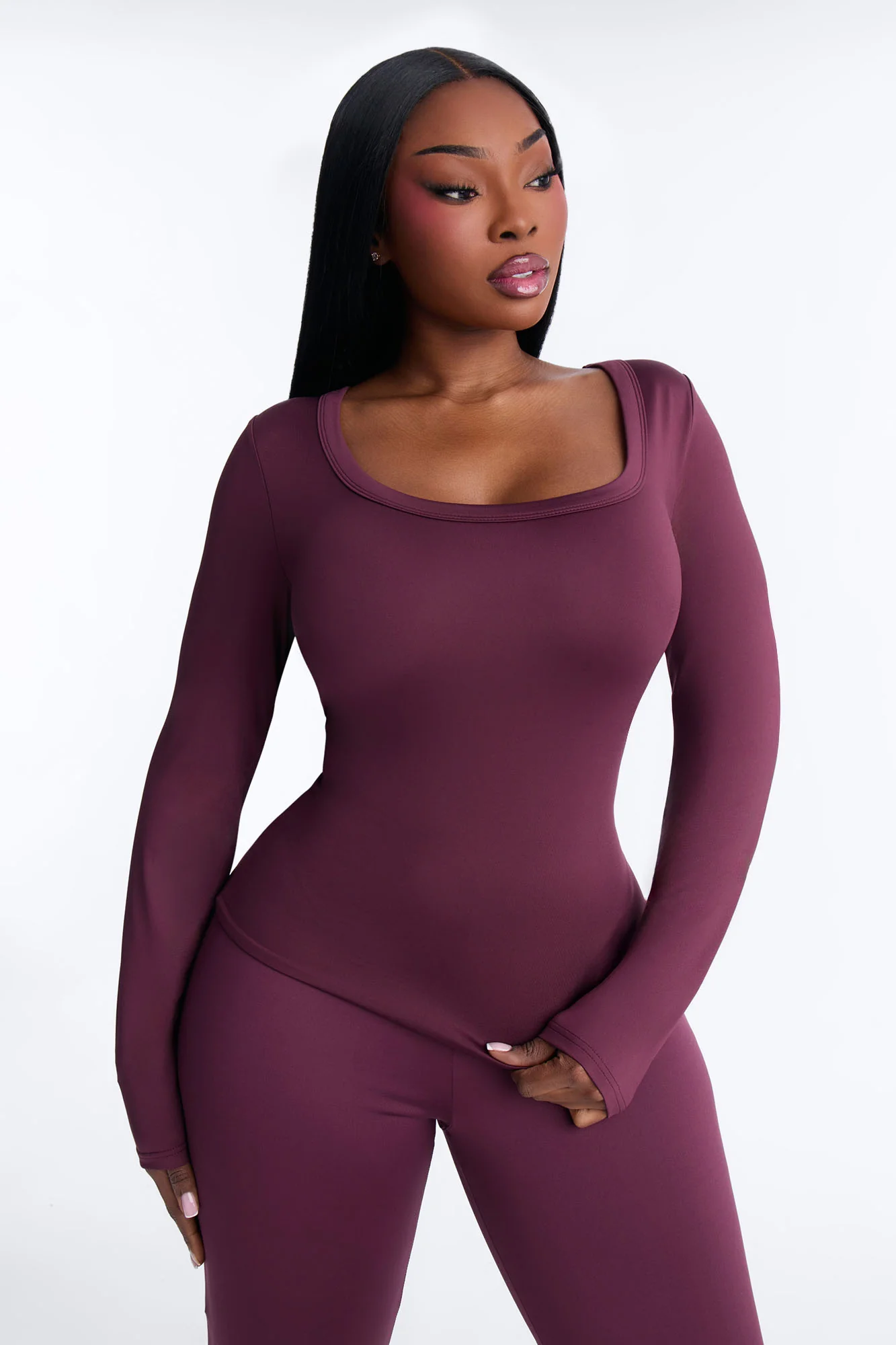 Contour Double Lined Scoop Neck Long Sleeve Top - Plum - Image 5