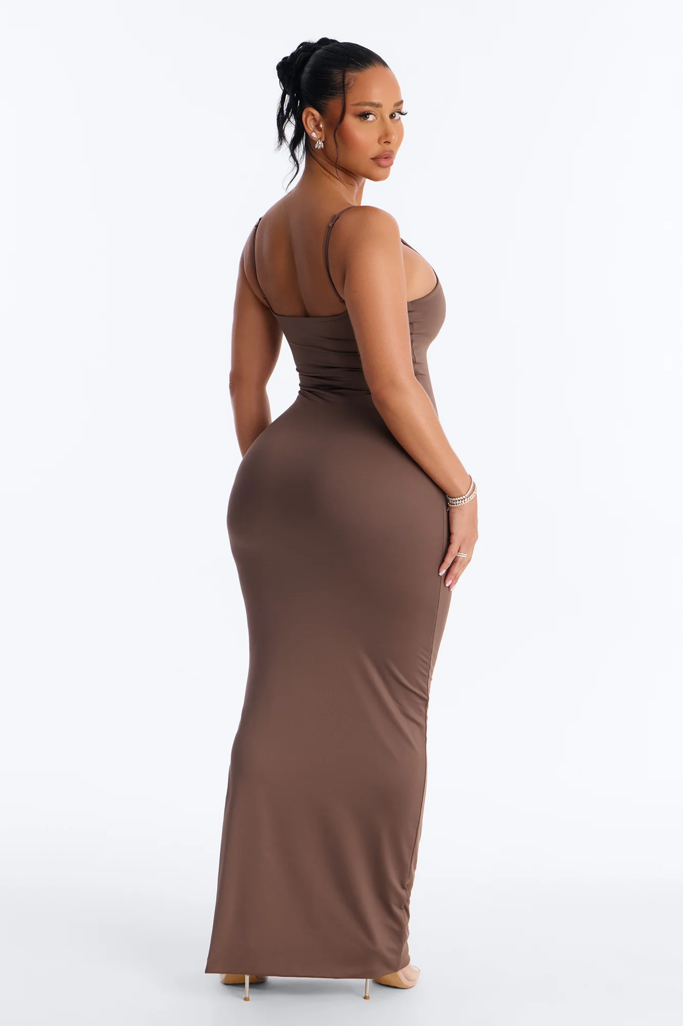 Contour Double Lined Scoop Neck Spaghetti Strap Maxi Dress - Brown - Image 4