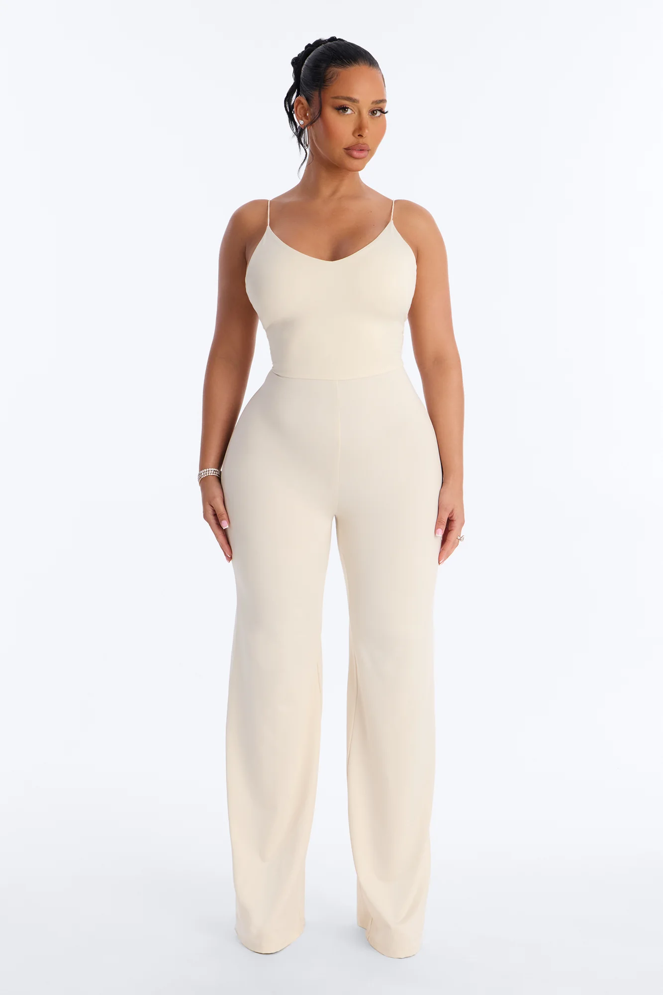 Contour Double Lined Spaghetti Strap Scoop Neck Jumpsuit - Bone