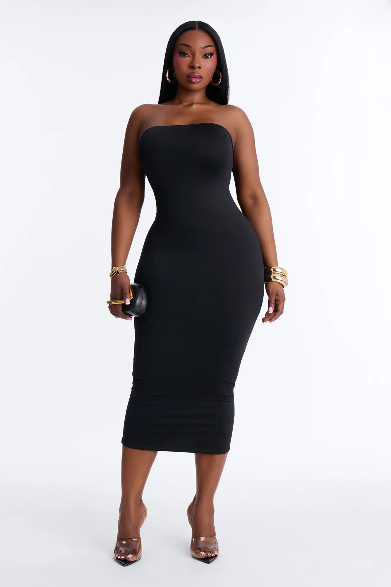 Contour Double Lined Strapless Midi Dress - Black - Image 4