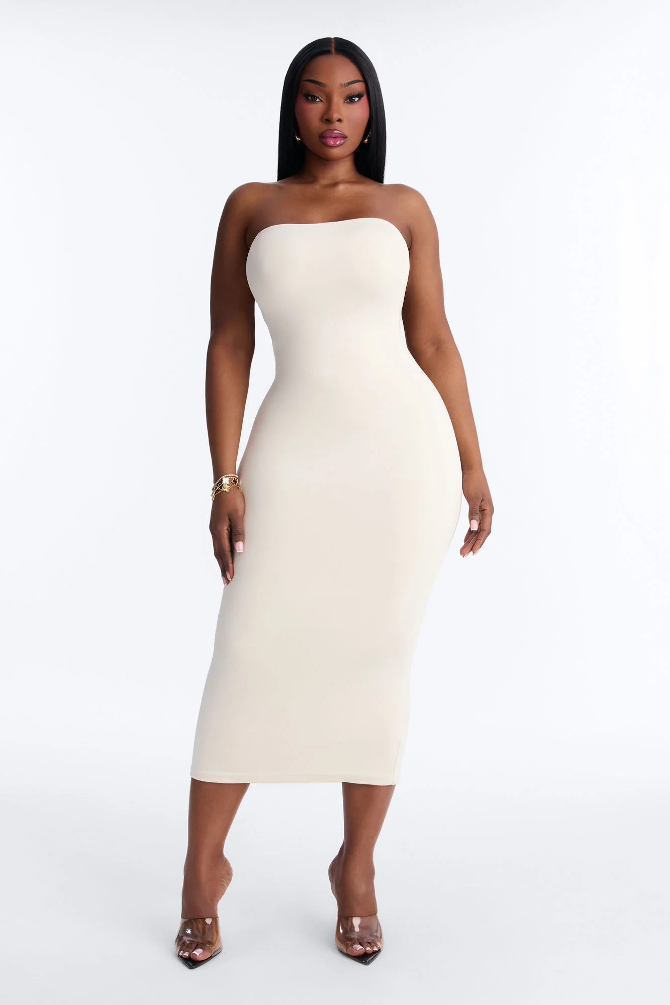 Contour Double Lined Strapless Midi Dress - Bone - Image 4