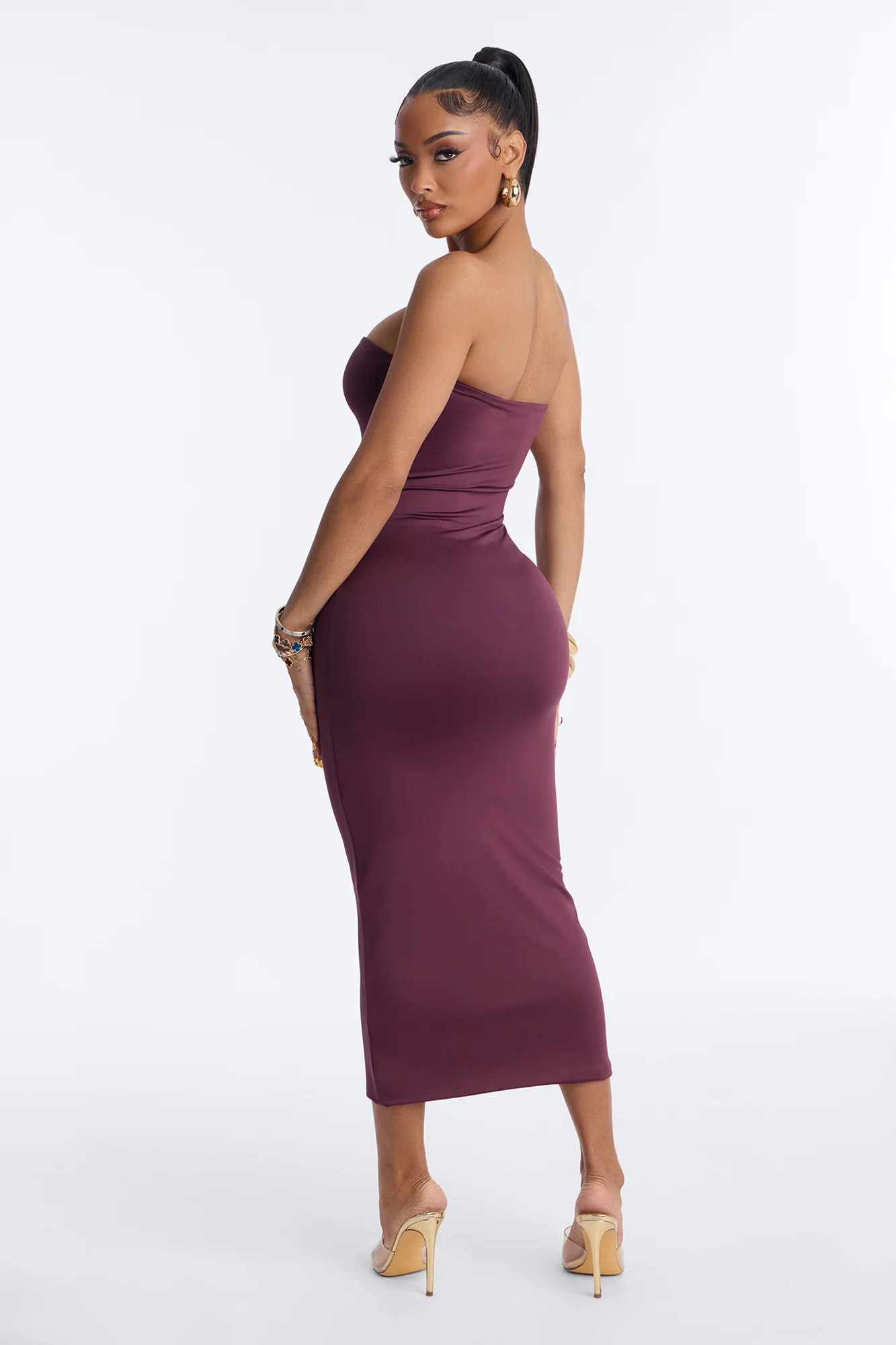 Contour Double Lined Strapless Midi Dress - Plum - Image 3