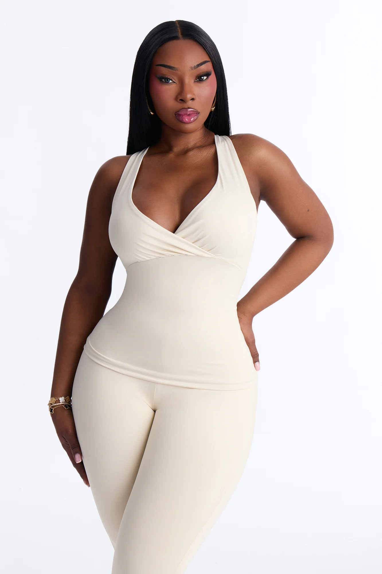 Contour Double Lined Surplice Scoop Neck Tank Top - Bone - Image 4