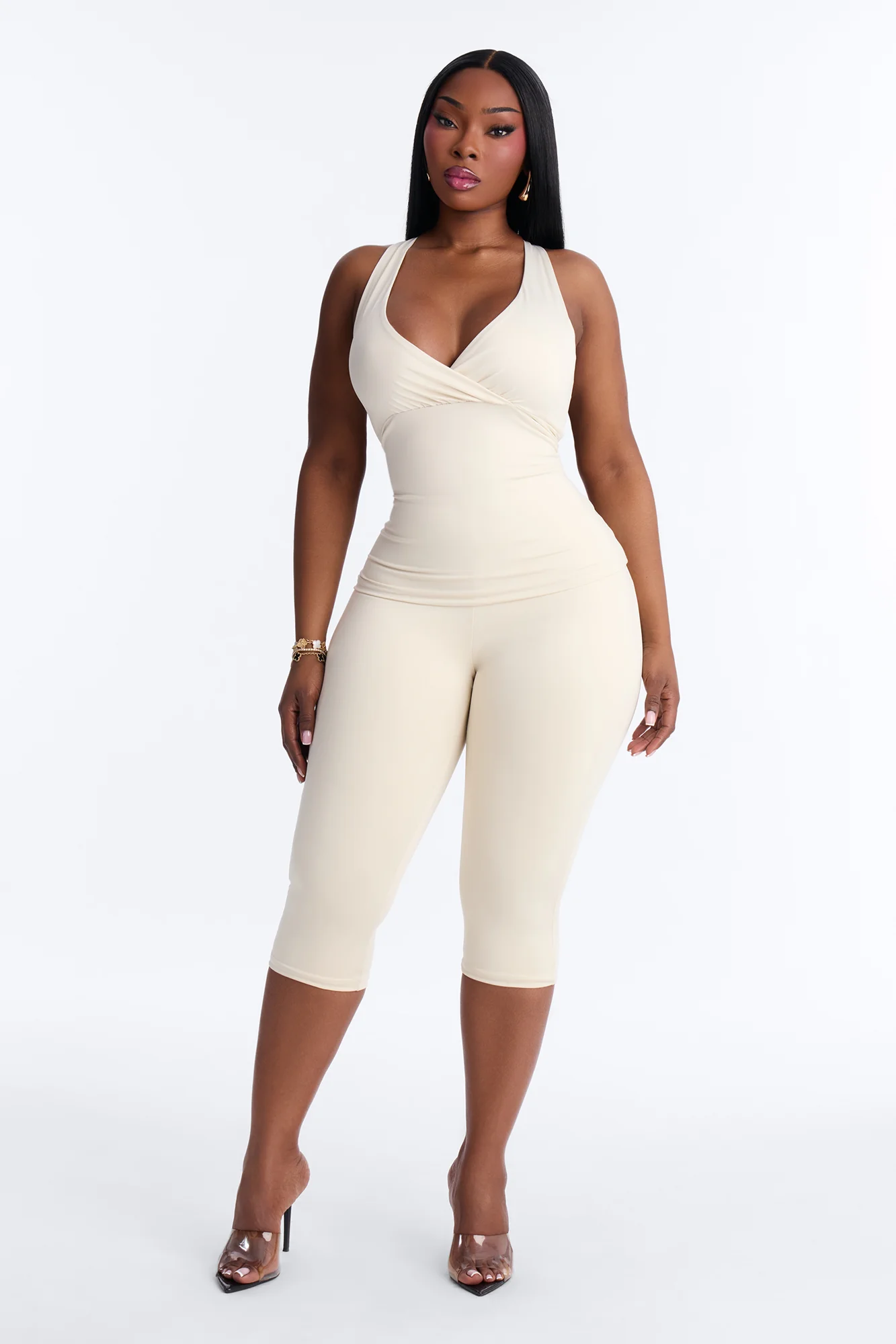 Contour Double Lined Surplice Scoop Neck Tank Top - Bone - Image 5