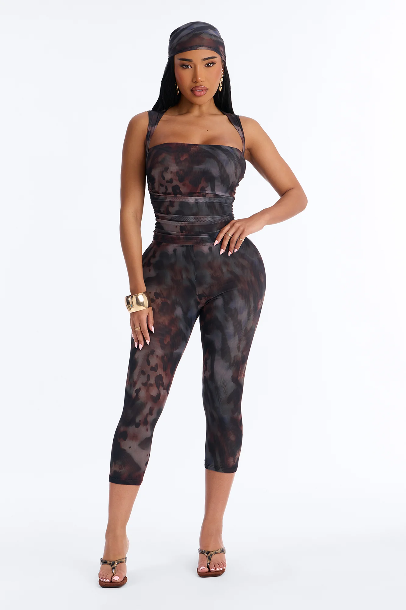 Control The Urge Animal Mesh 3 Piece Capri Set - Brown/combo