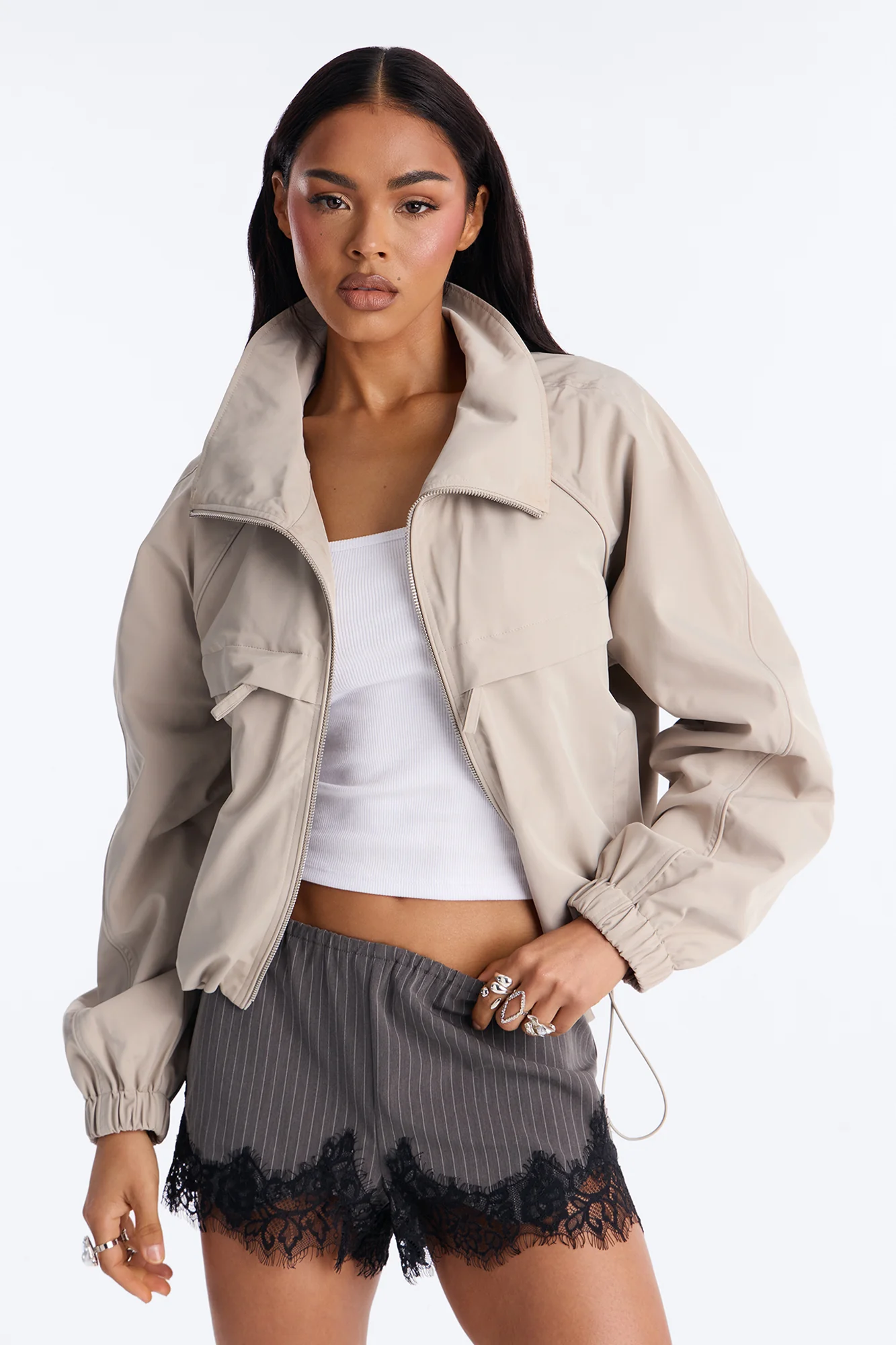 Cool Girl Funnel Neck Windbreaker Jacket - Taupe - Image 2
