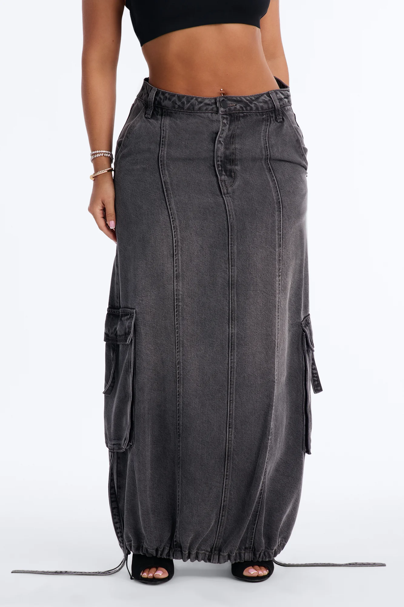 Cool Girl Low Rise Denim Cargo Jogger Maxi Skirt - Charcoal - Image 2