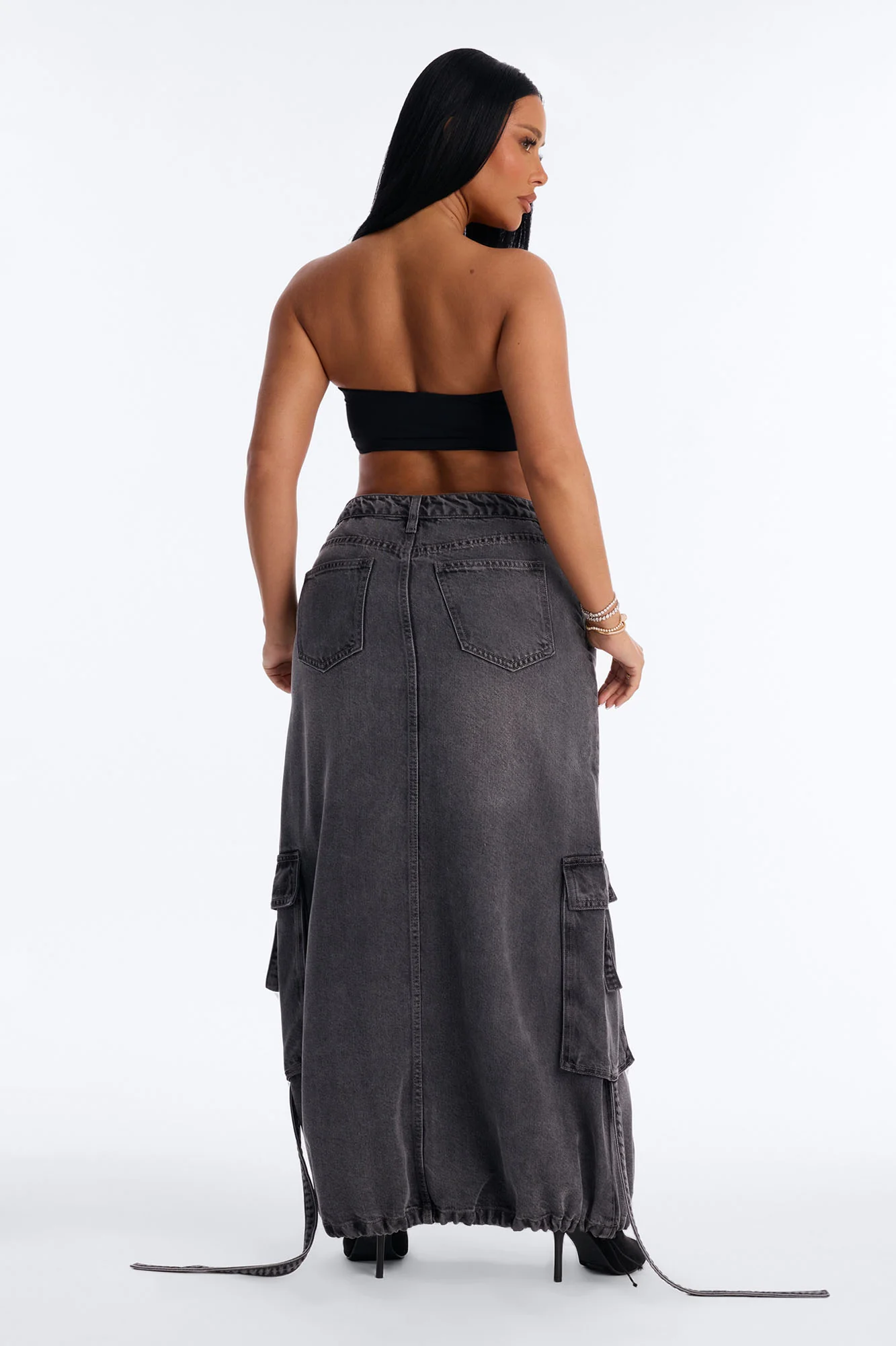 Cool Girl Low Rise Denim Cargo Jogger Maxi Skirt - Charcoal - Image 4