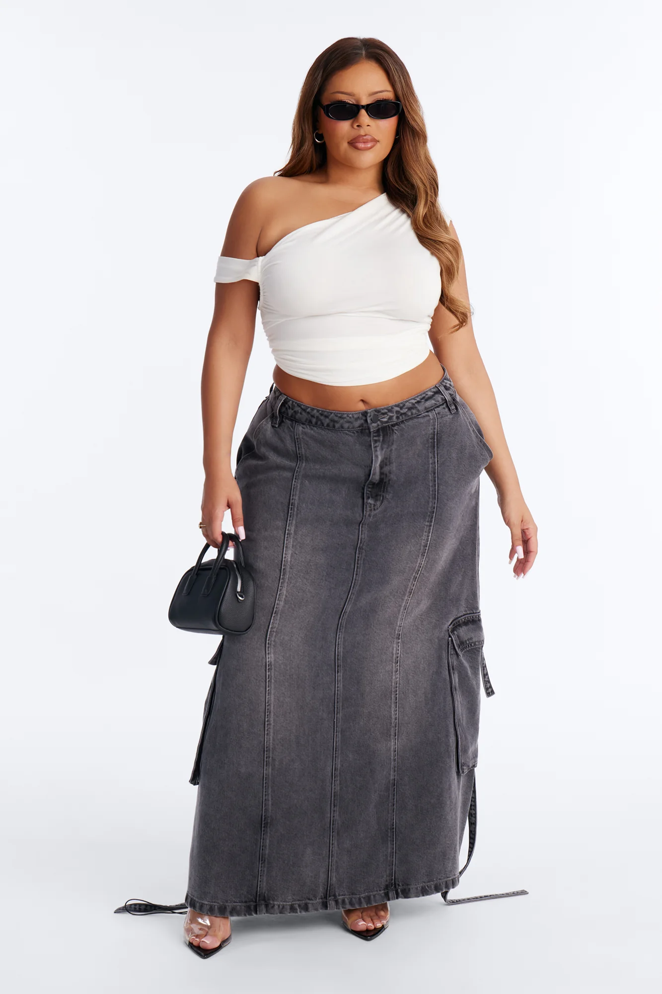 Cool Girl Low Rise Denim Cargo Jogger Maxi Skirt - Charcoal - Image 5