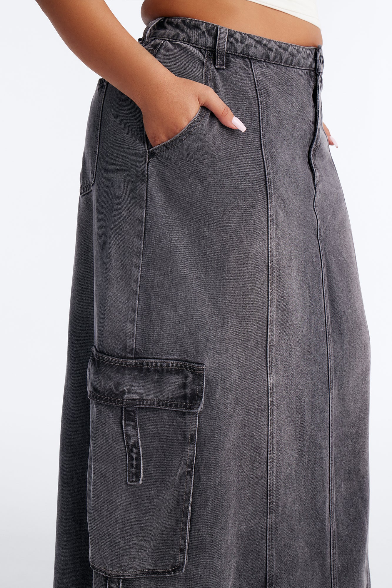 Cool Girl Low Rise Denim Cargo Jogger Maxi Skirt - Charcoal - Image 7