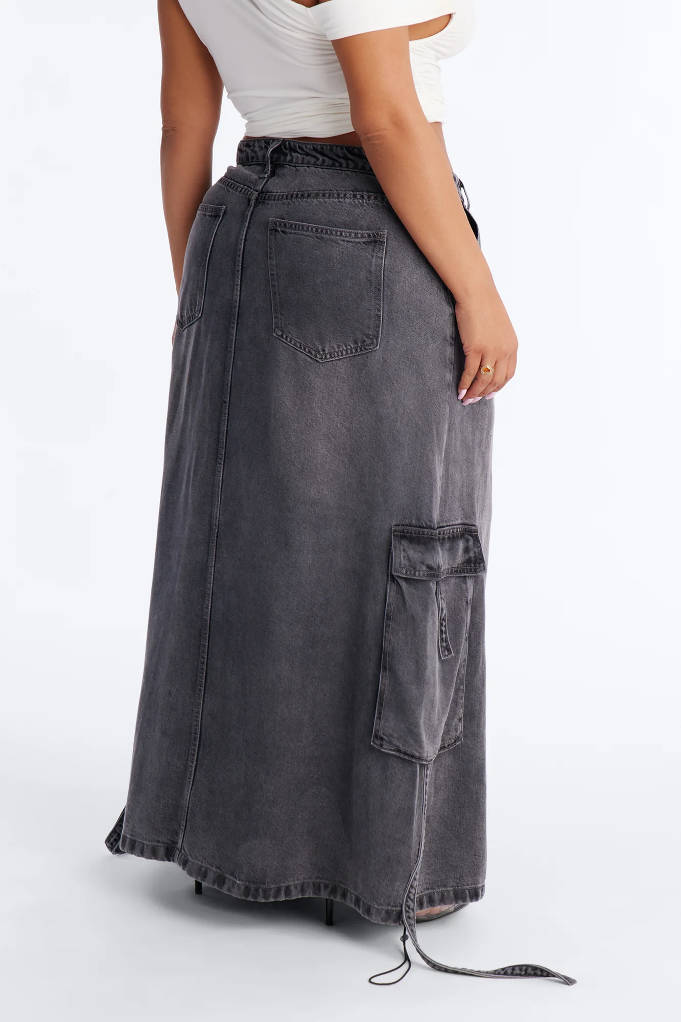 Cool Girl Low Rise Denim Cargo Jogger Maxi Skirt - Charcoal - Image 8
