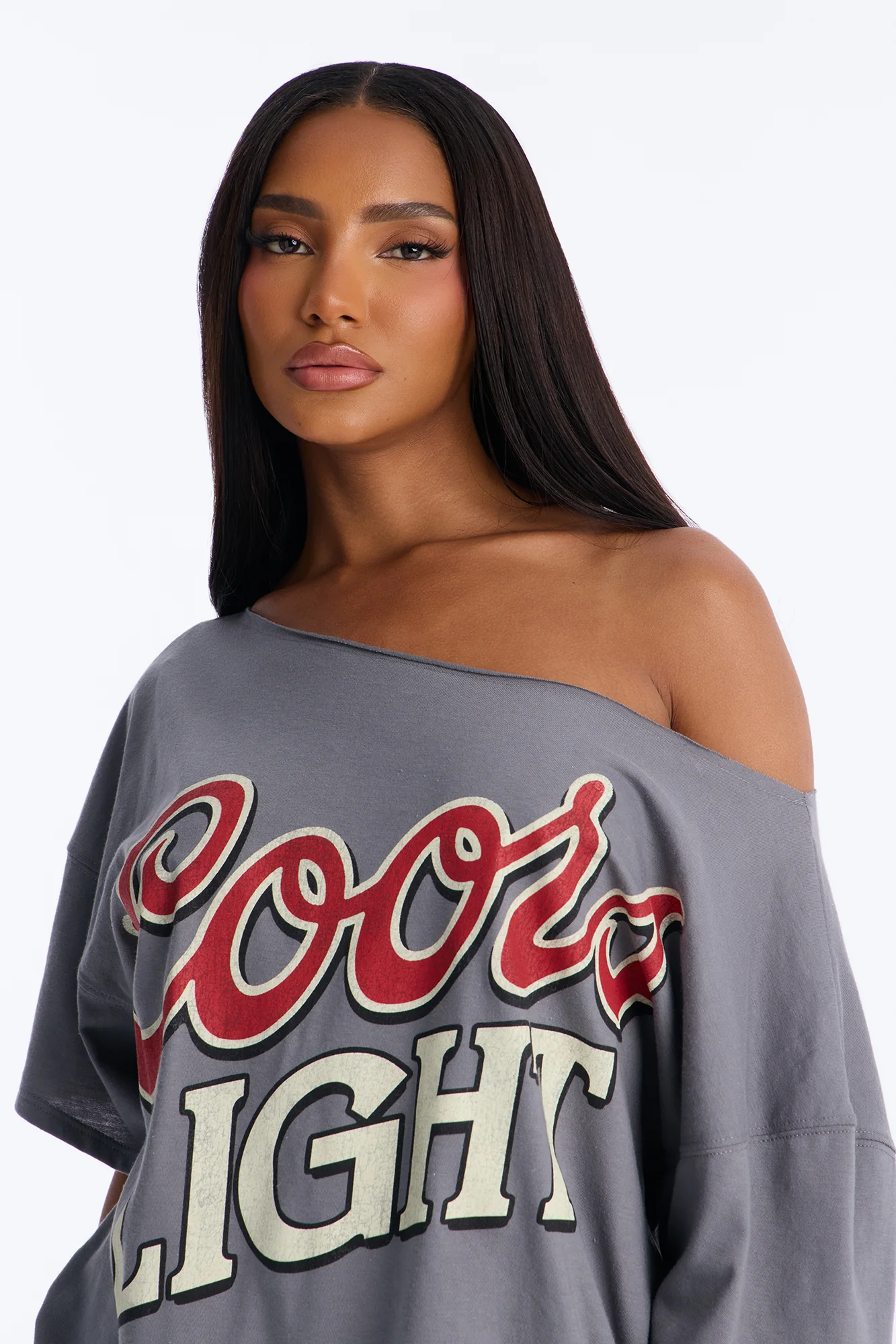 Coors Light Off Shoulder Cropped Tee - Charcoal - Image 3