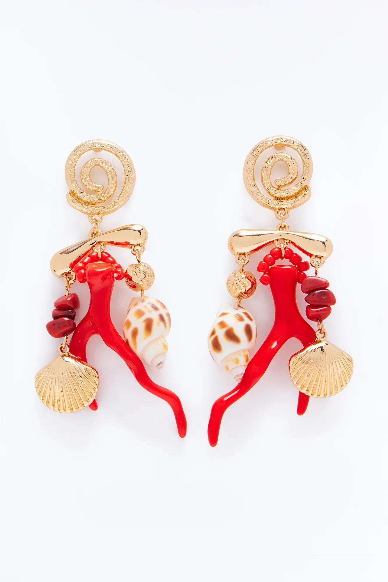 Coral Charm Drop Earrings - Gold/Red