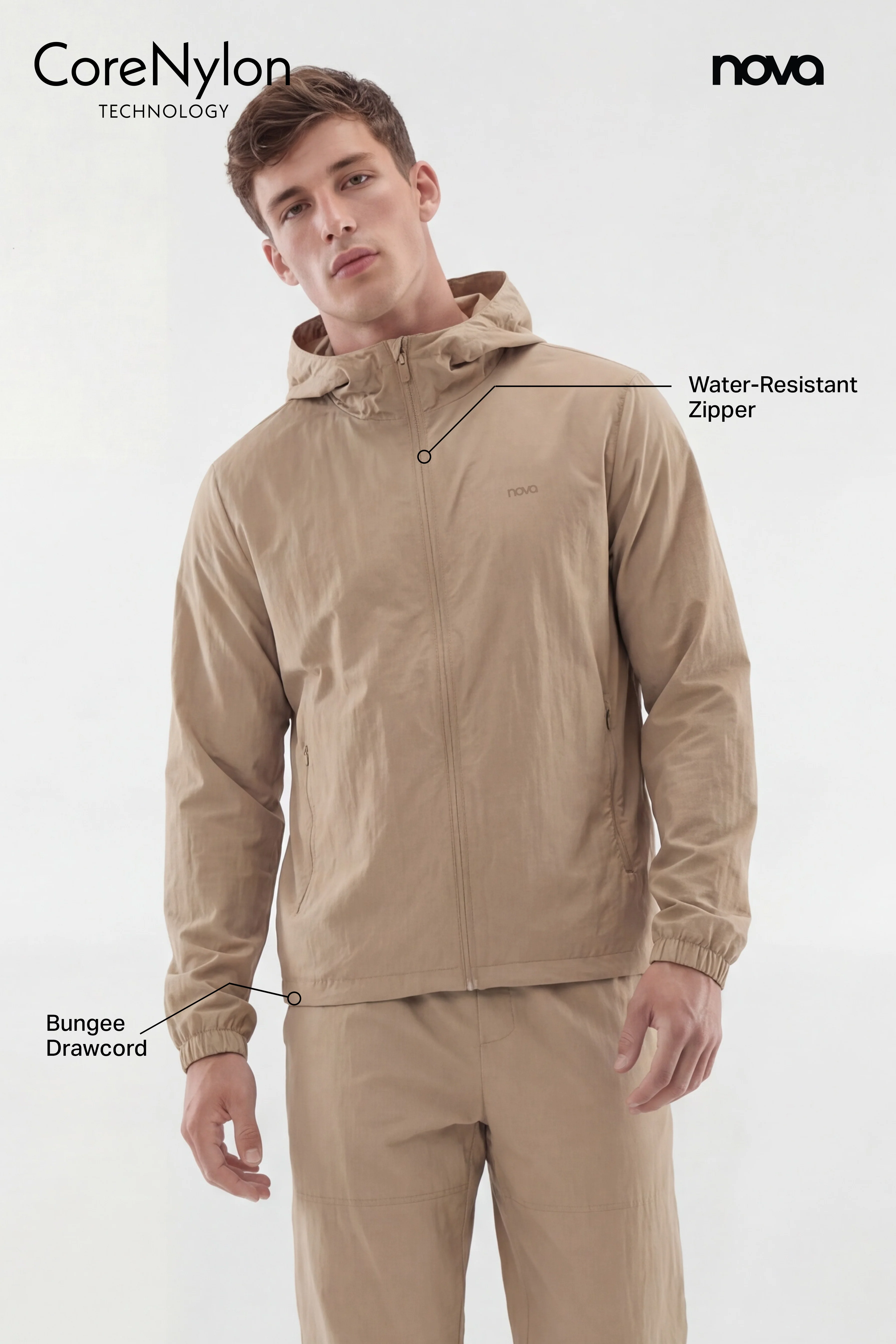 CoreNylon Hooded Full Zip Jacket - Taupe - Image 4
