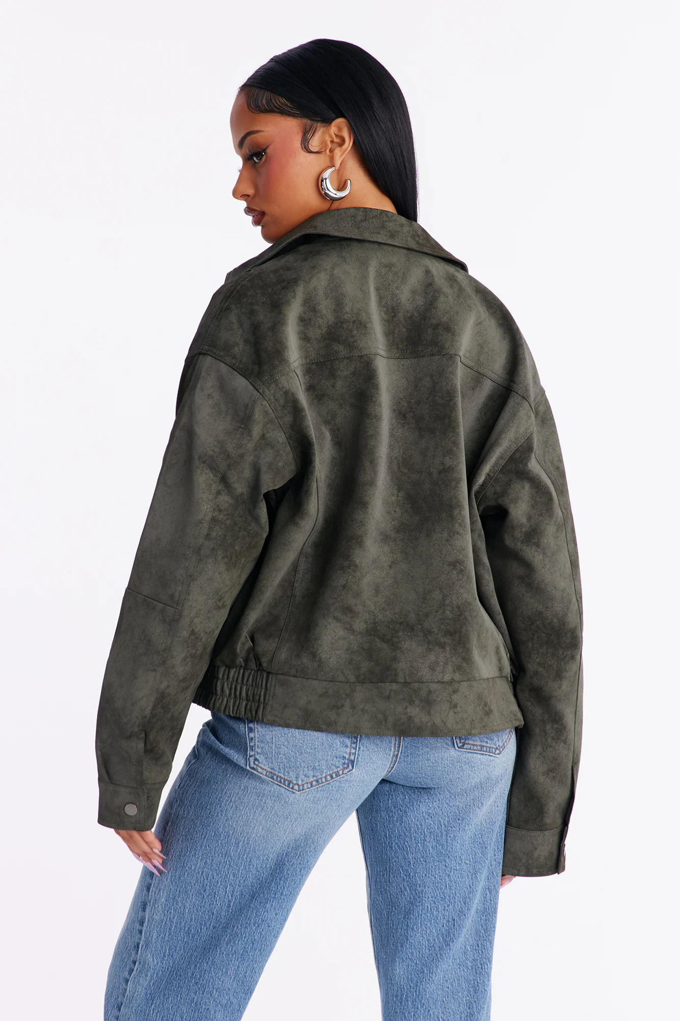 Corey Washed Faux Leather Bomber Jacket - Olive - Image 4