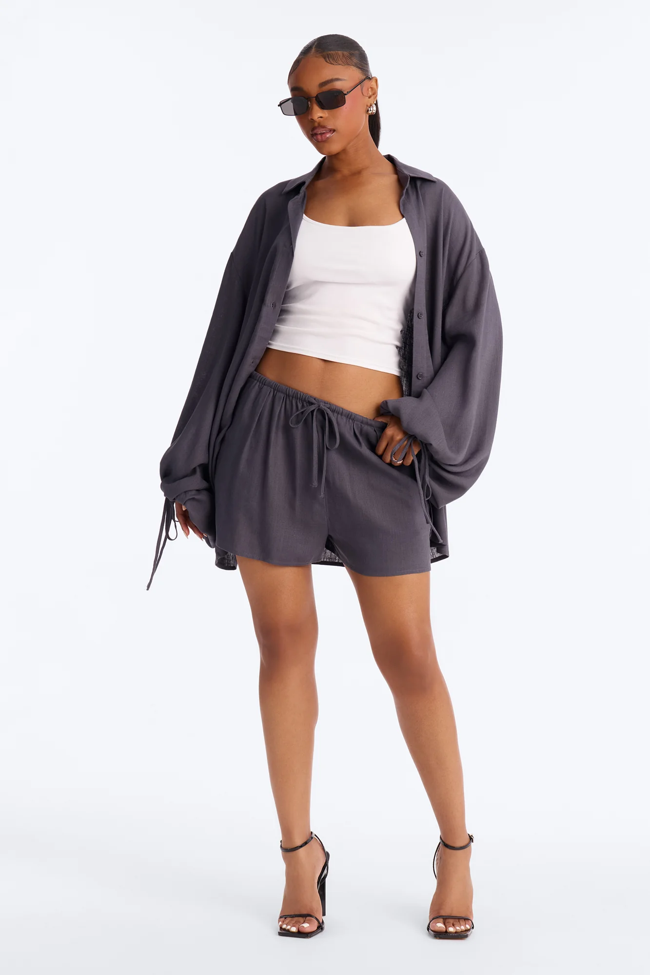 Corinne Linen Short Set - Charcoal