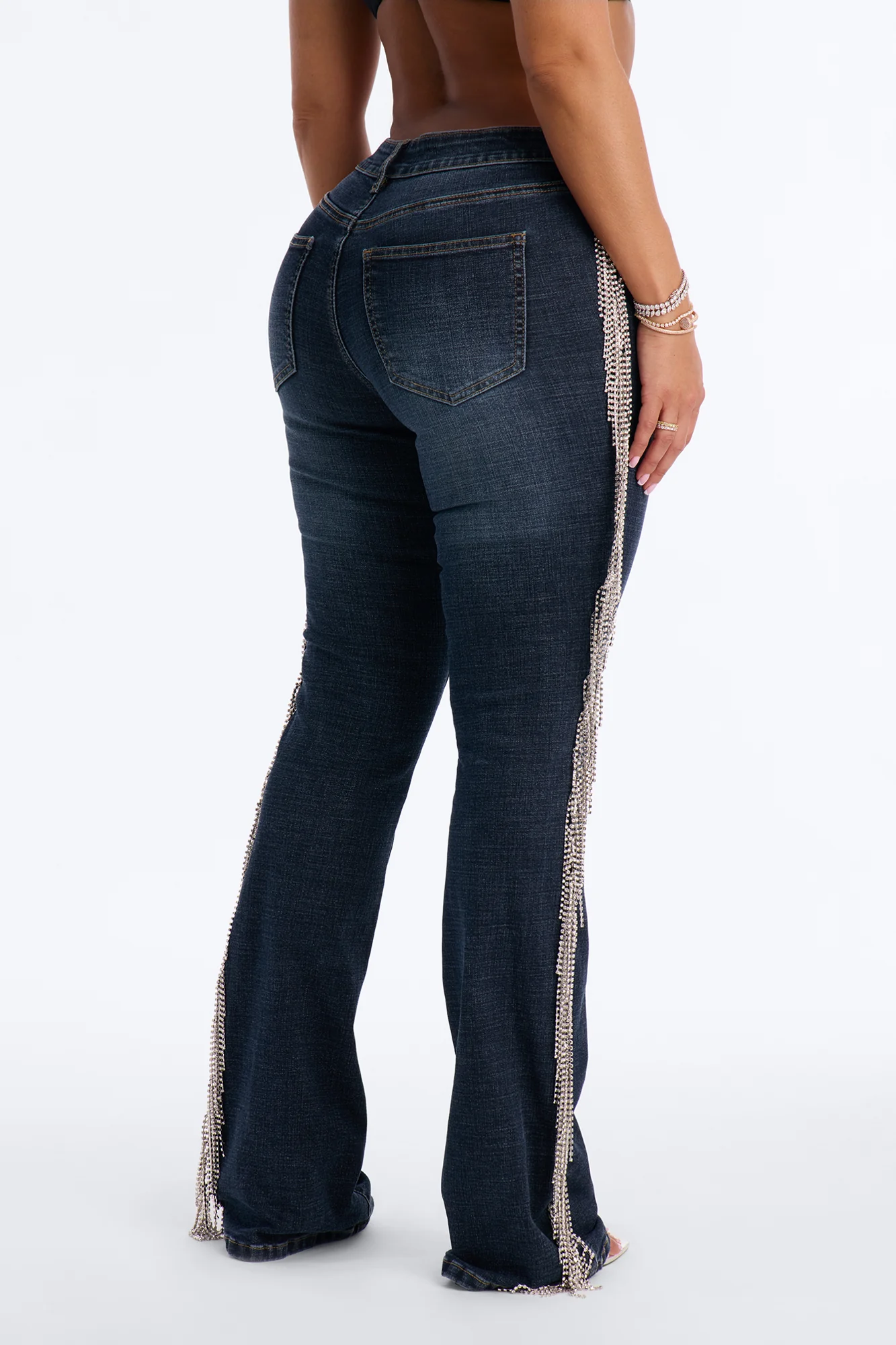 Cosmic Cowgirl Rhinestone Fringe Bootcut Jeans - Dark Wash - Image 4