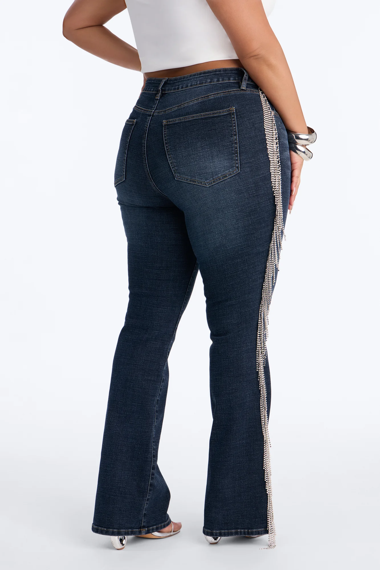 Cosmic Cowgirl Rhinestone Fringe Bootcut Jeans - Dark Wash - Image 8