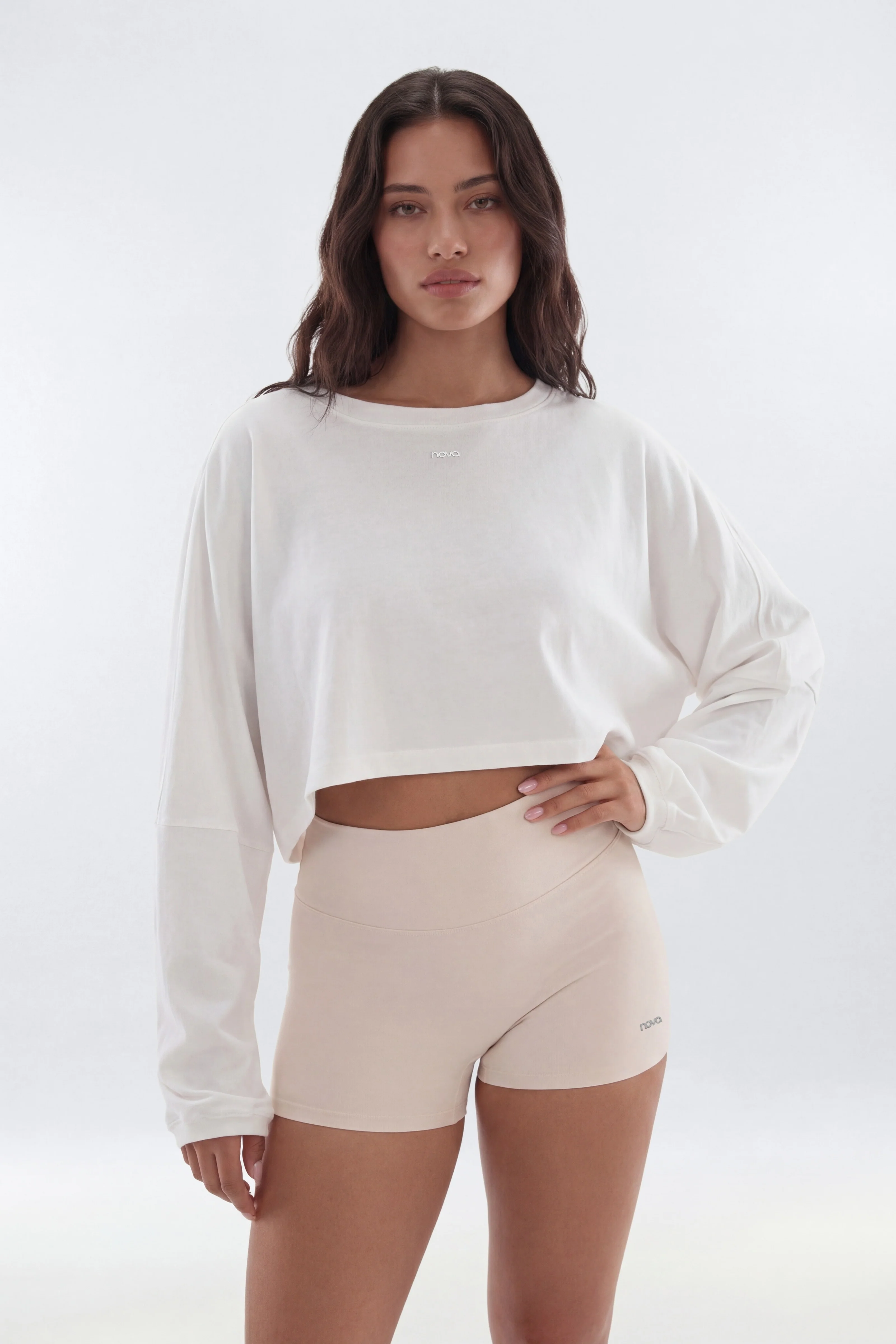 Cotton Jersey Long Sleeve Cropped Top - Bright White - Image 3