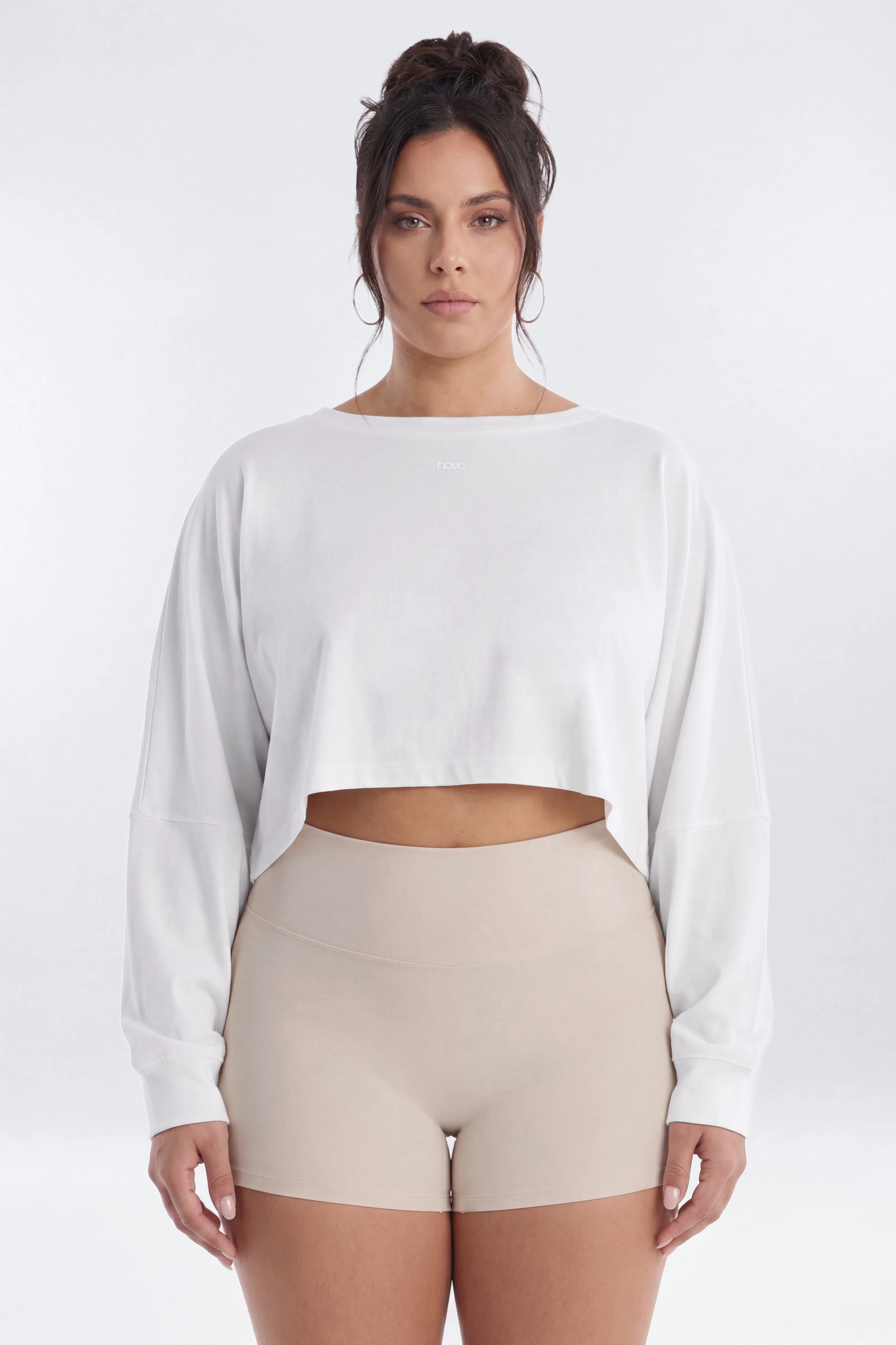 Cotton Jersey Long Sleeve Cropped Top - Bright White - Image 6
