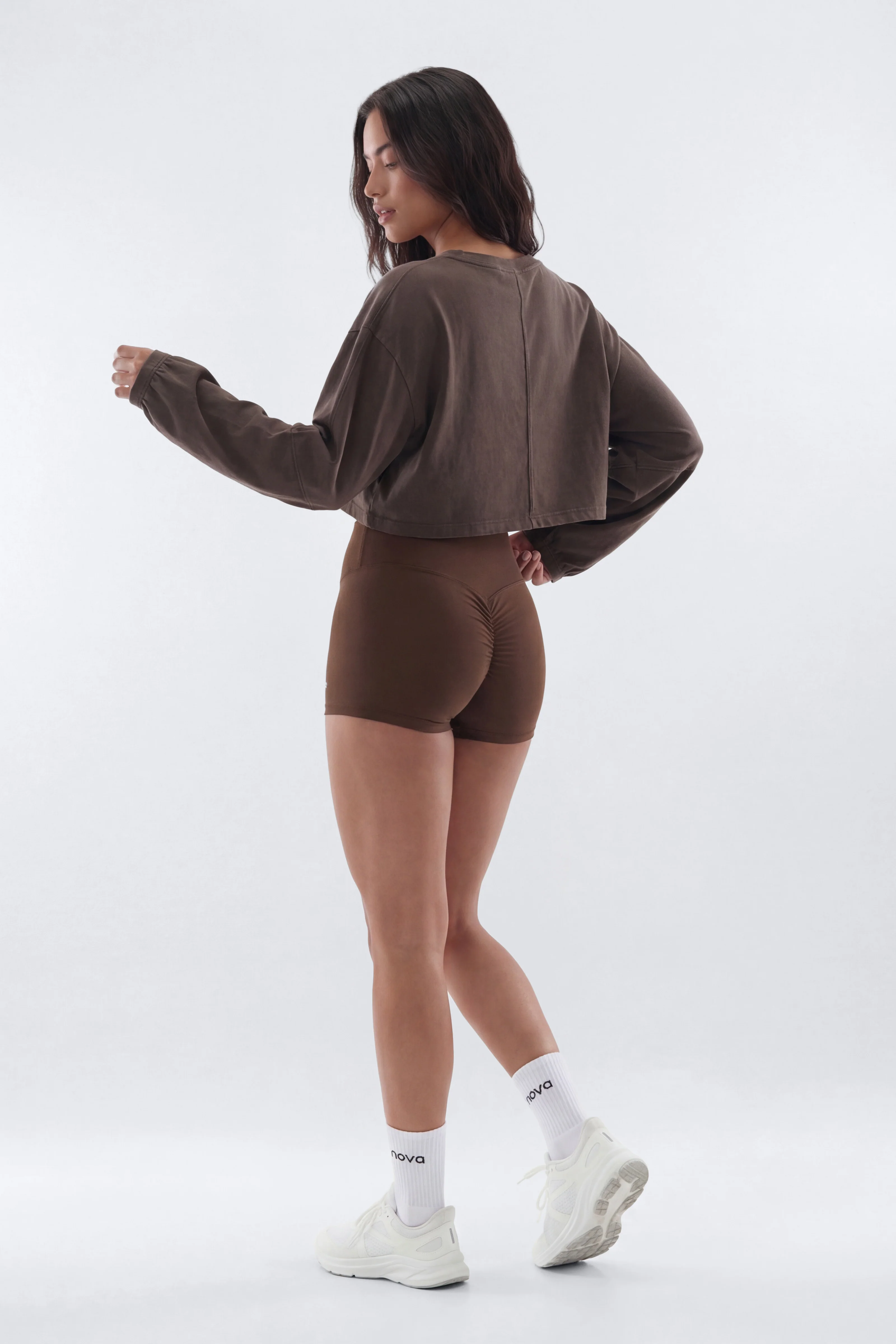 Cotton Jersey Long Sleeve Cropped Top - Brown - Image 3