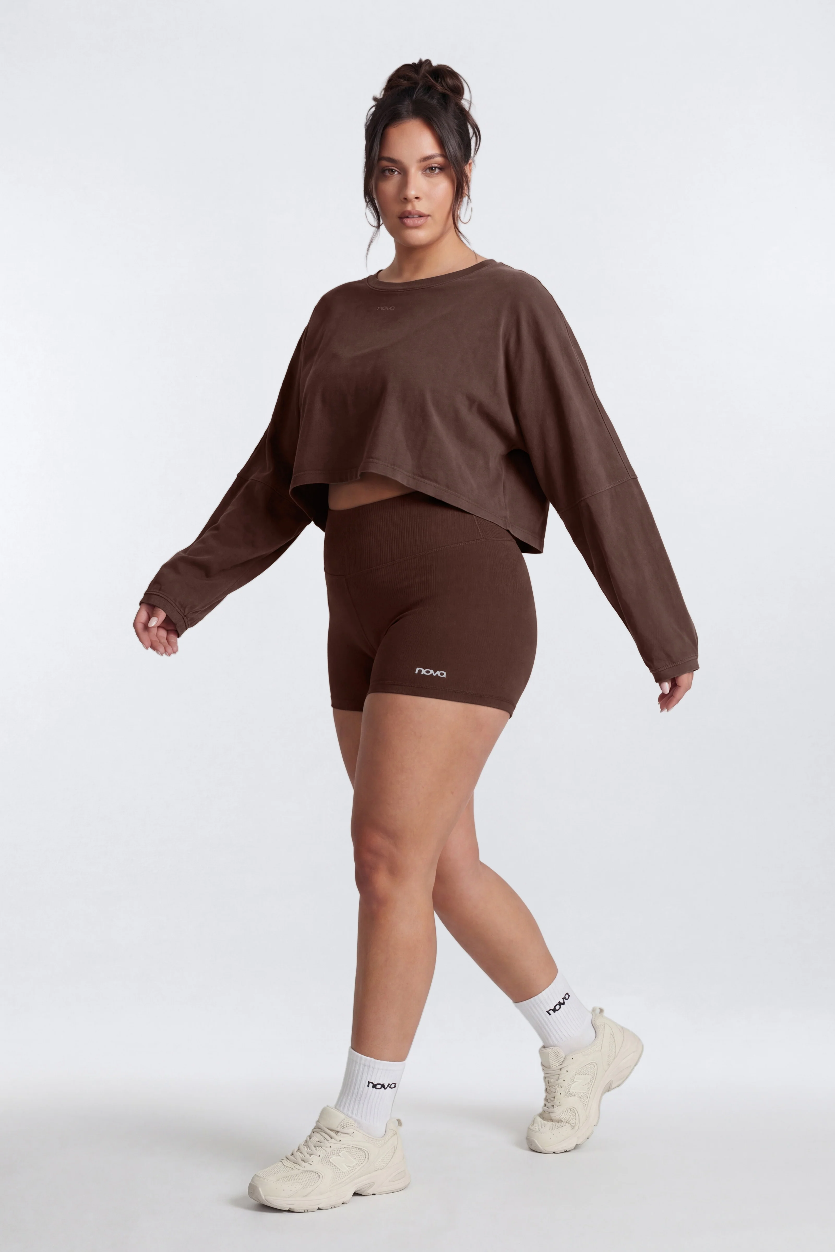 Cotton Jersey Long Sleeve Cropped Top - Brown - Image 7