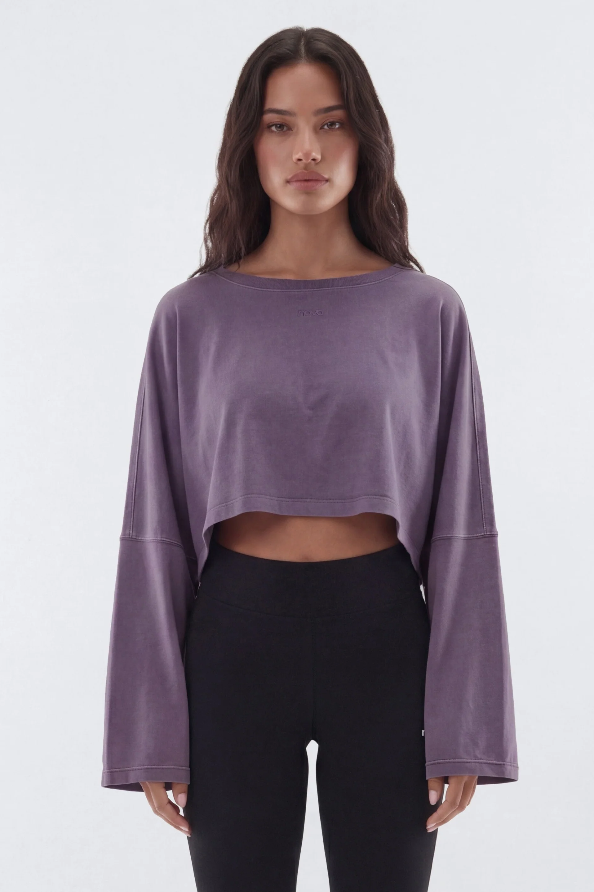 Cotton Jersey Long Sleeve Cropped Top - Iris