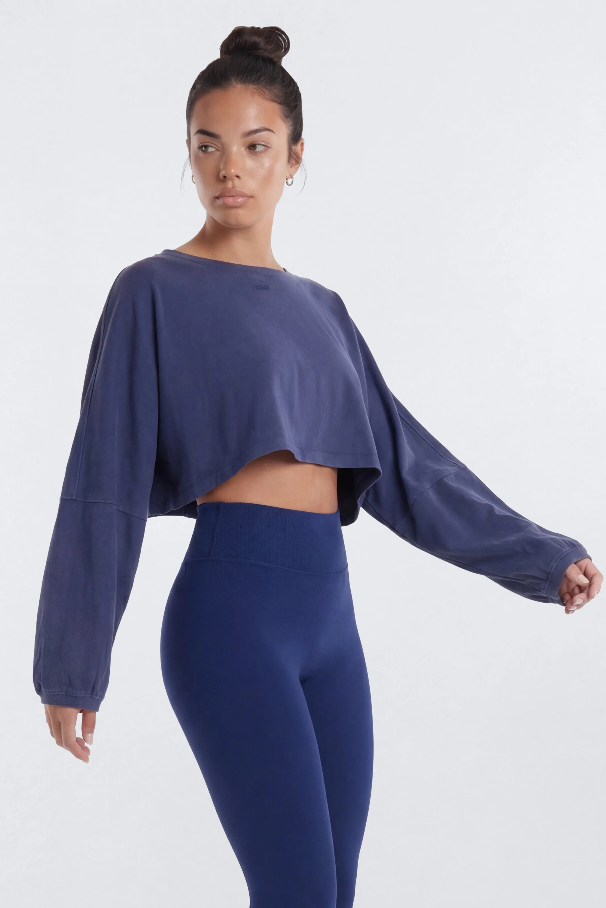 Cotton Jersey Long Sleeve Cropped Top - Navy - Image 2