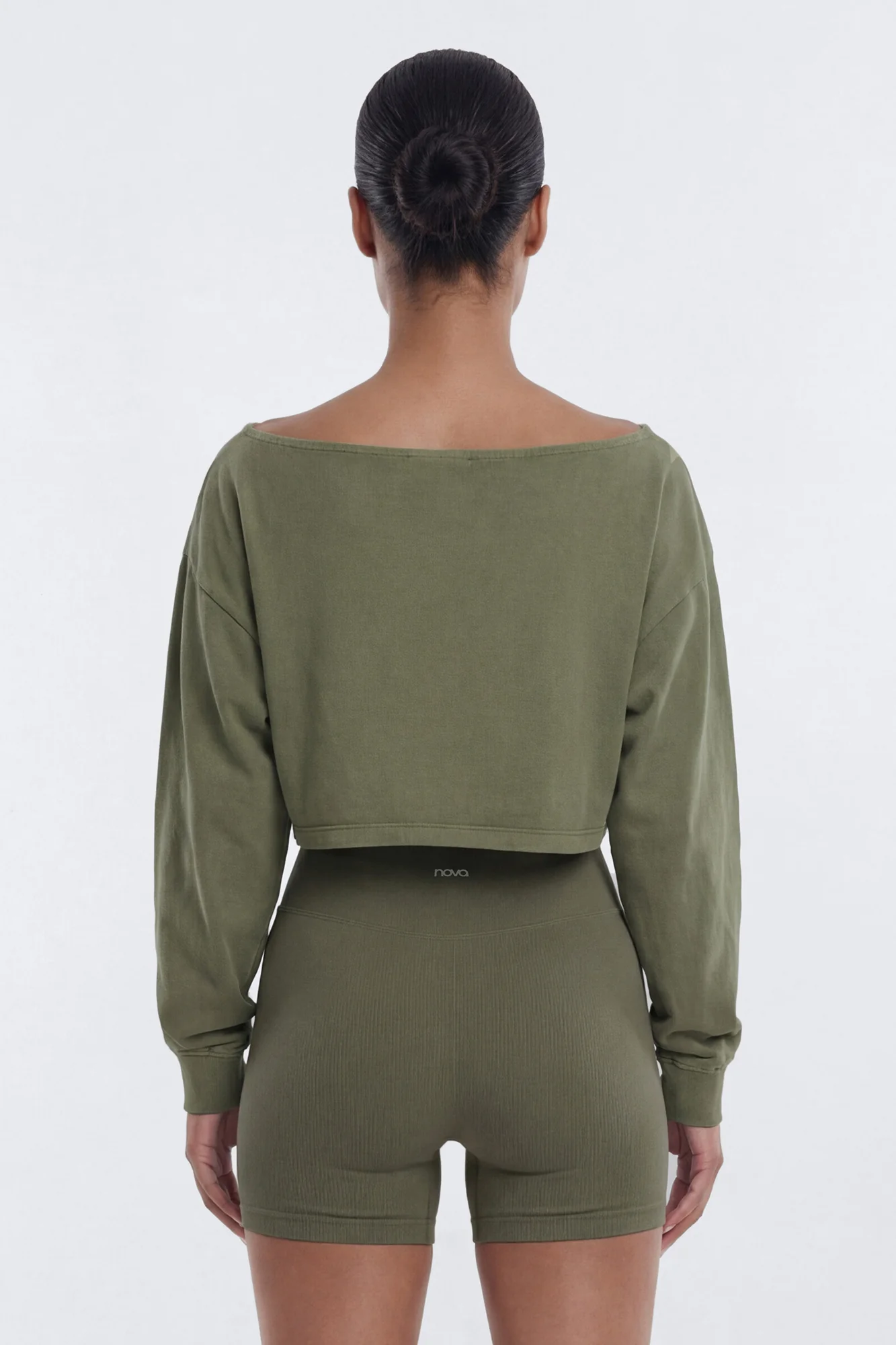 Cotton Jersey Off Shoulder Long Sleeve Crop Top - Moss - Image 2