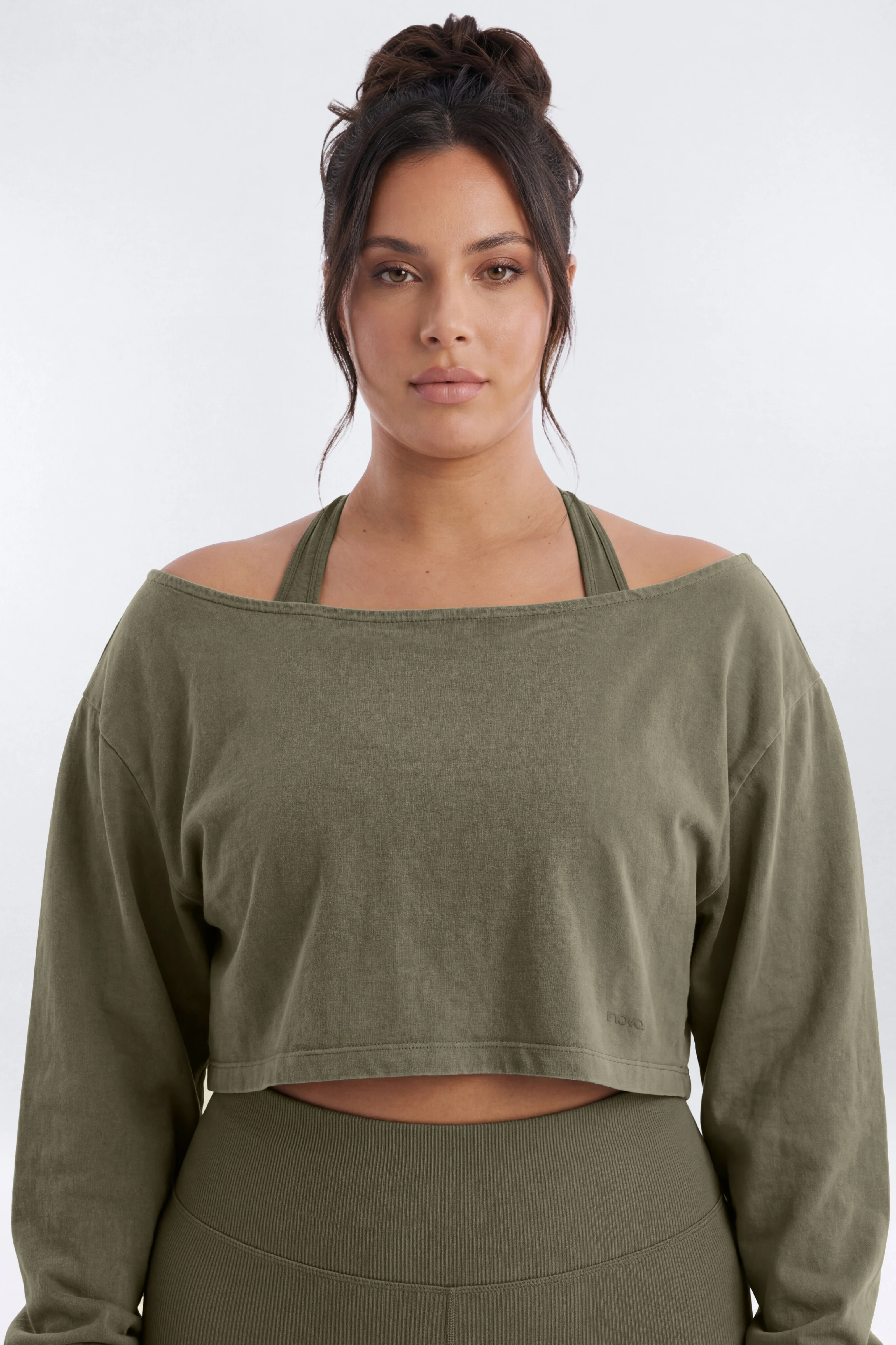 Cotton Jersey Off Shoulder Long Sleeve Crop Top - Moss - Image 4