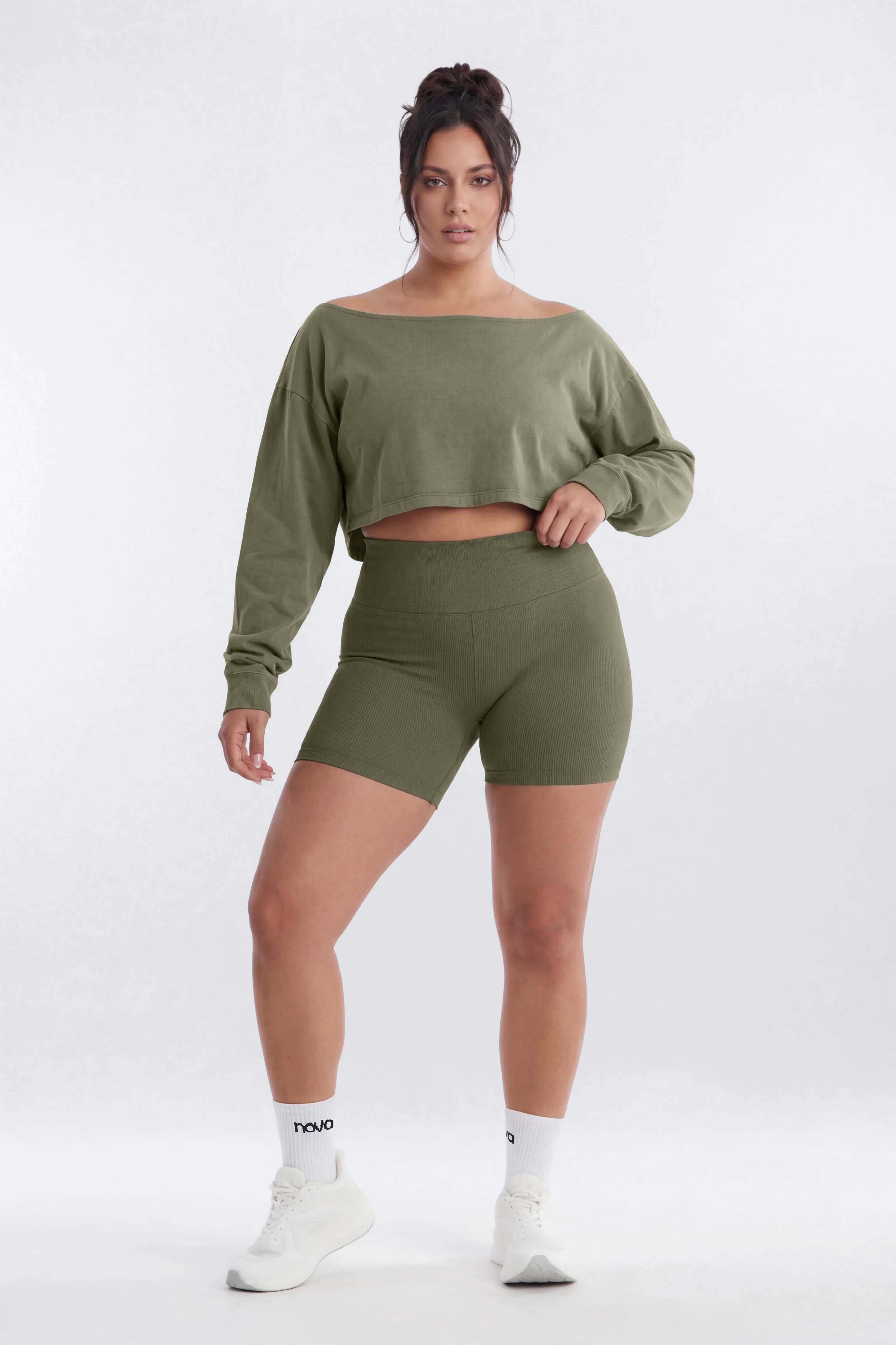 Cotton Jersey Off Shoulder Long Sleeve Crop Top - Moss - Image 5