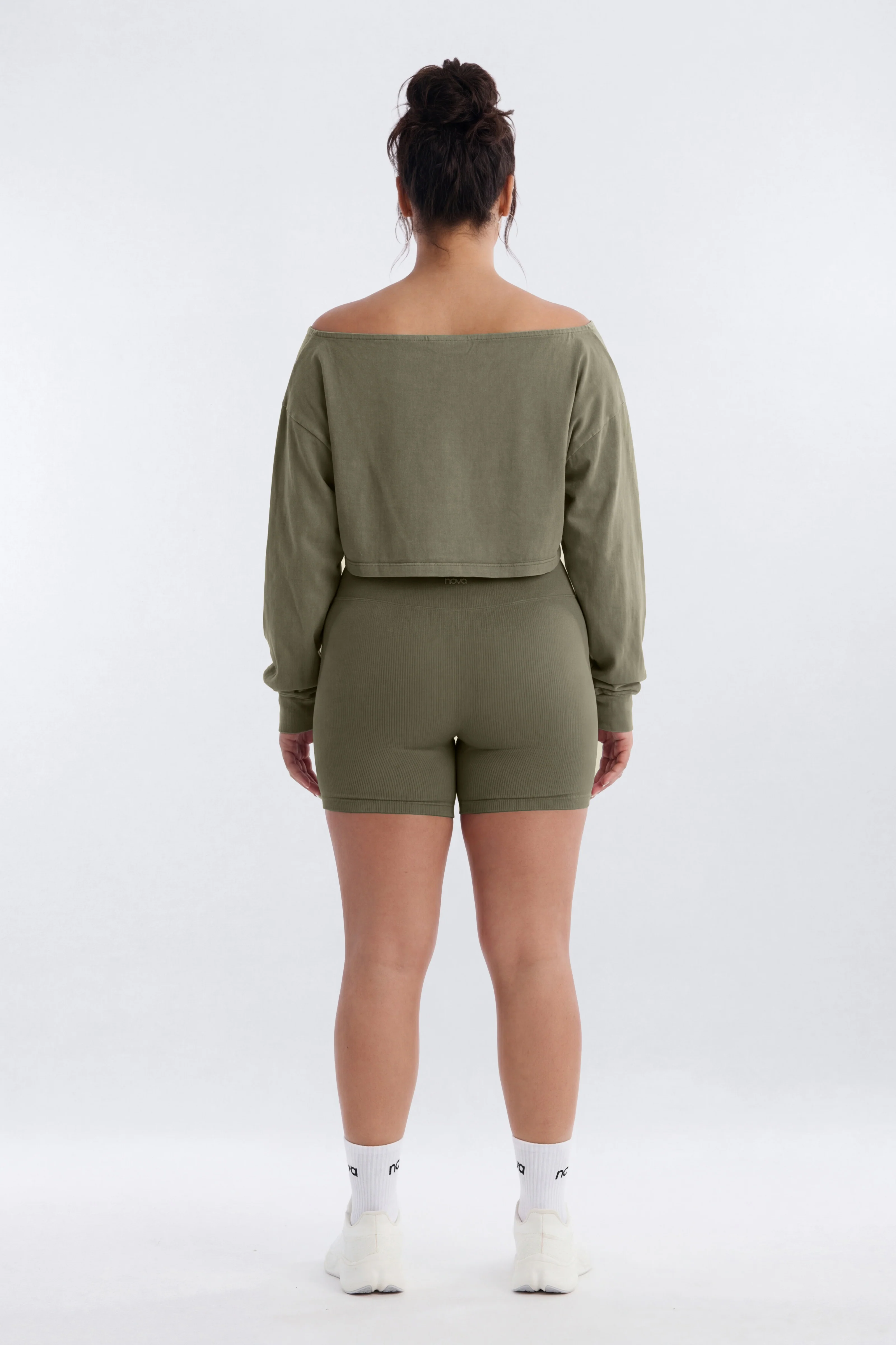 Cotton Jersey Off Shoulder Long Sleeve Crop Top - Moss - Image 6