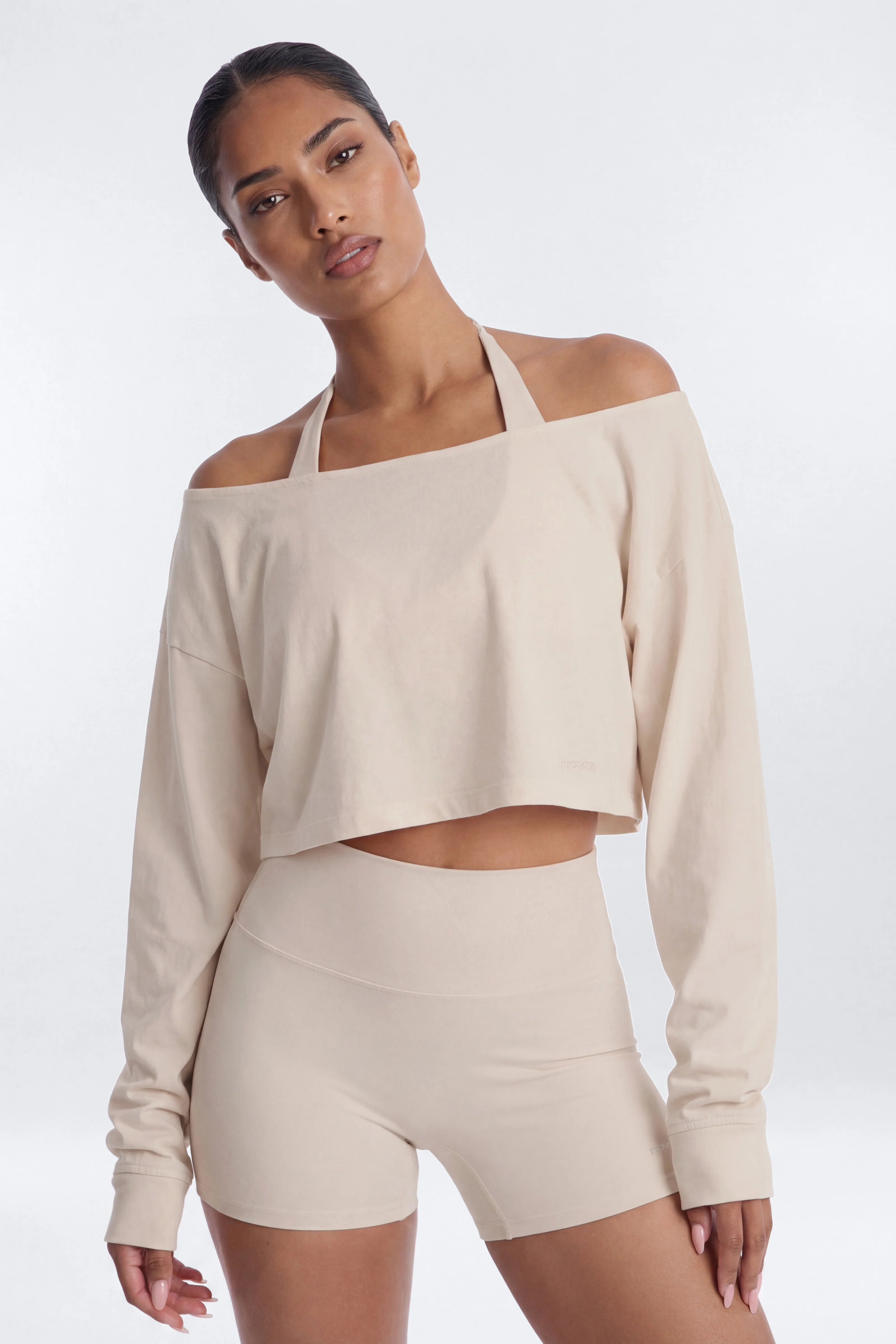 Cotton Jersey Off Shoulder Long Sleeve Crop Top - Oat Milk