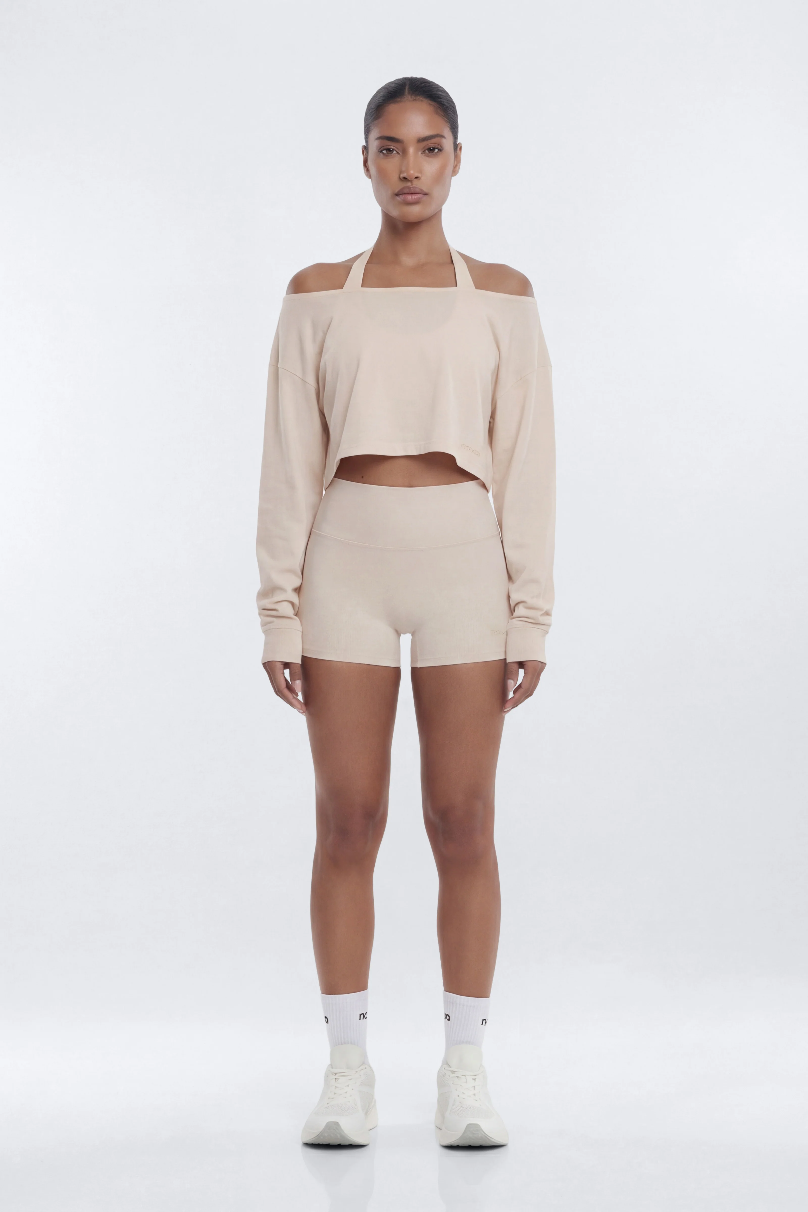 Cotton Jersey Off Shoulder Long Sleeve Crop Top - Oat Milk - Image 2