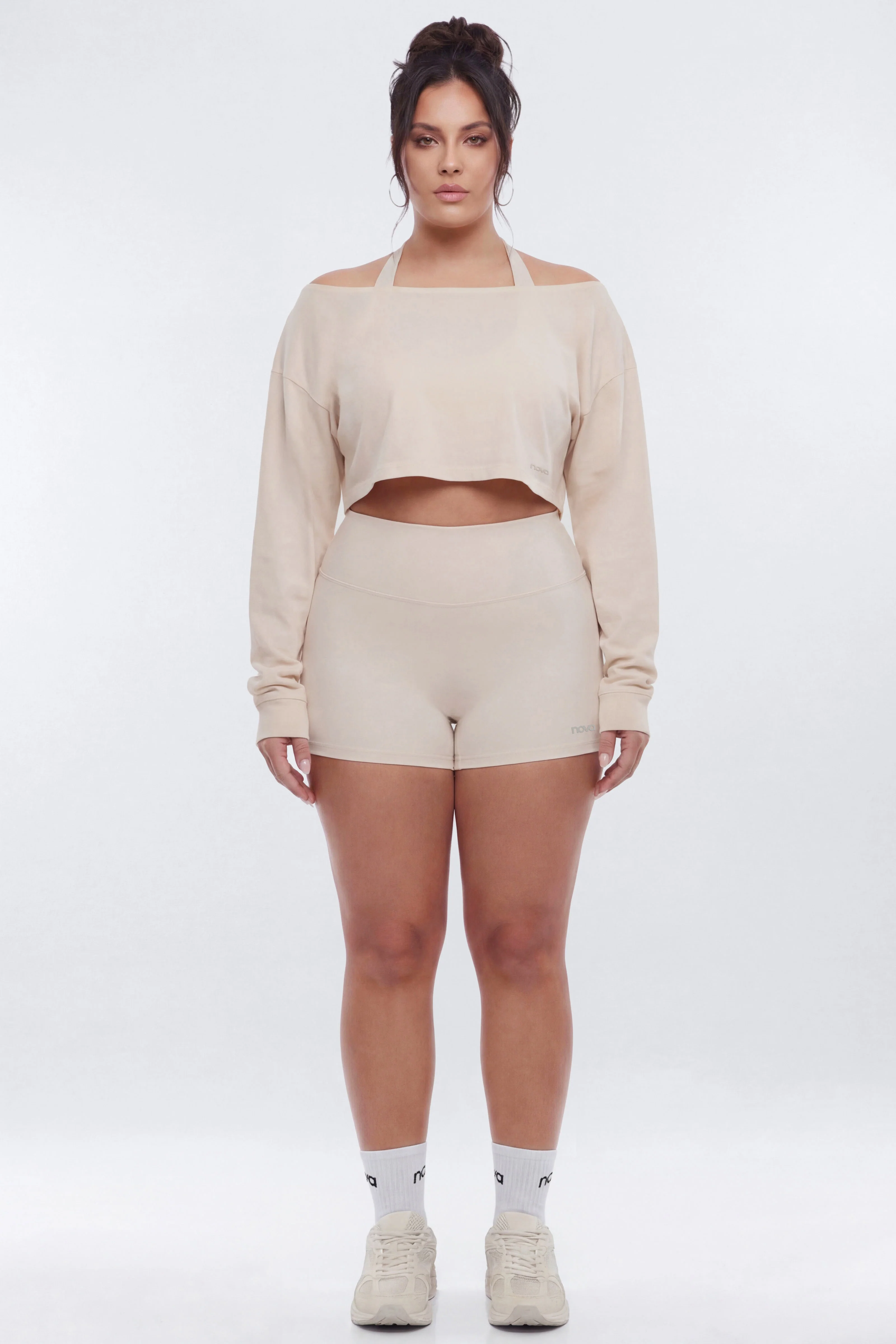 Cotton Jersey Off Shoulder Long Sleeve Crop Top - Oat Milk - Image 5