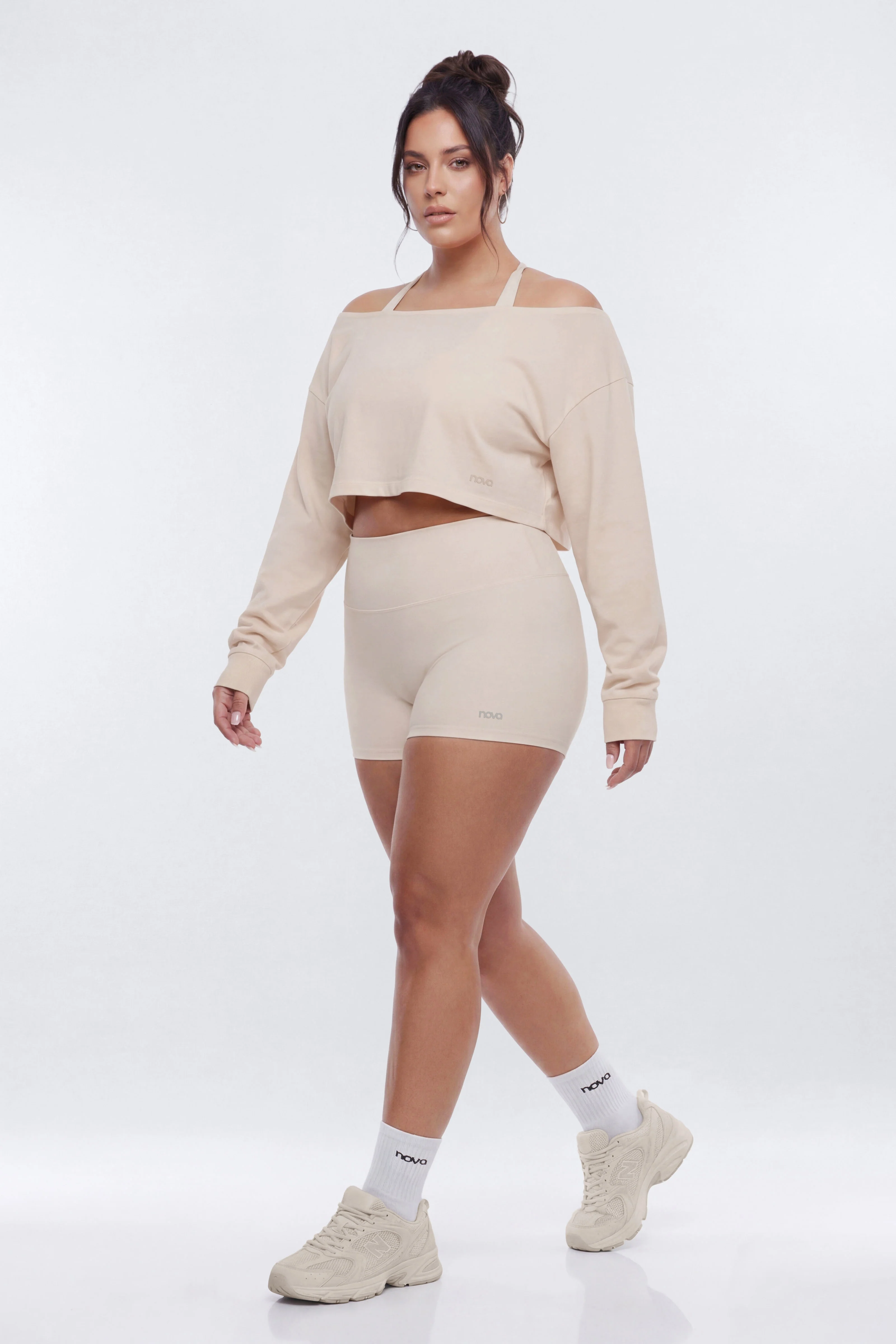Cotton Jersey Off Shoulder Long Sleeve Crop Top - Oat Milk - Image 6