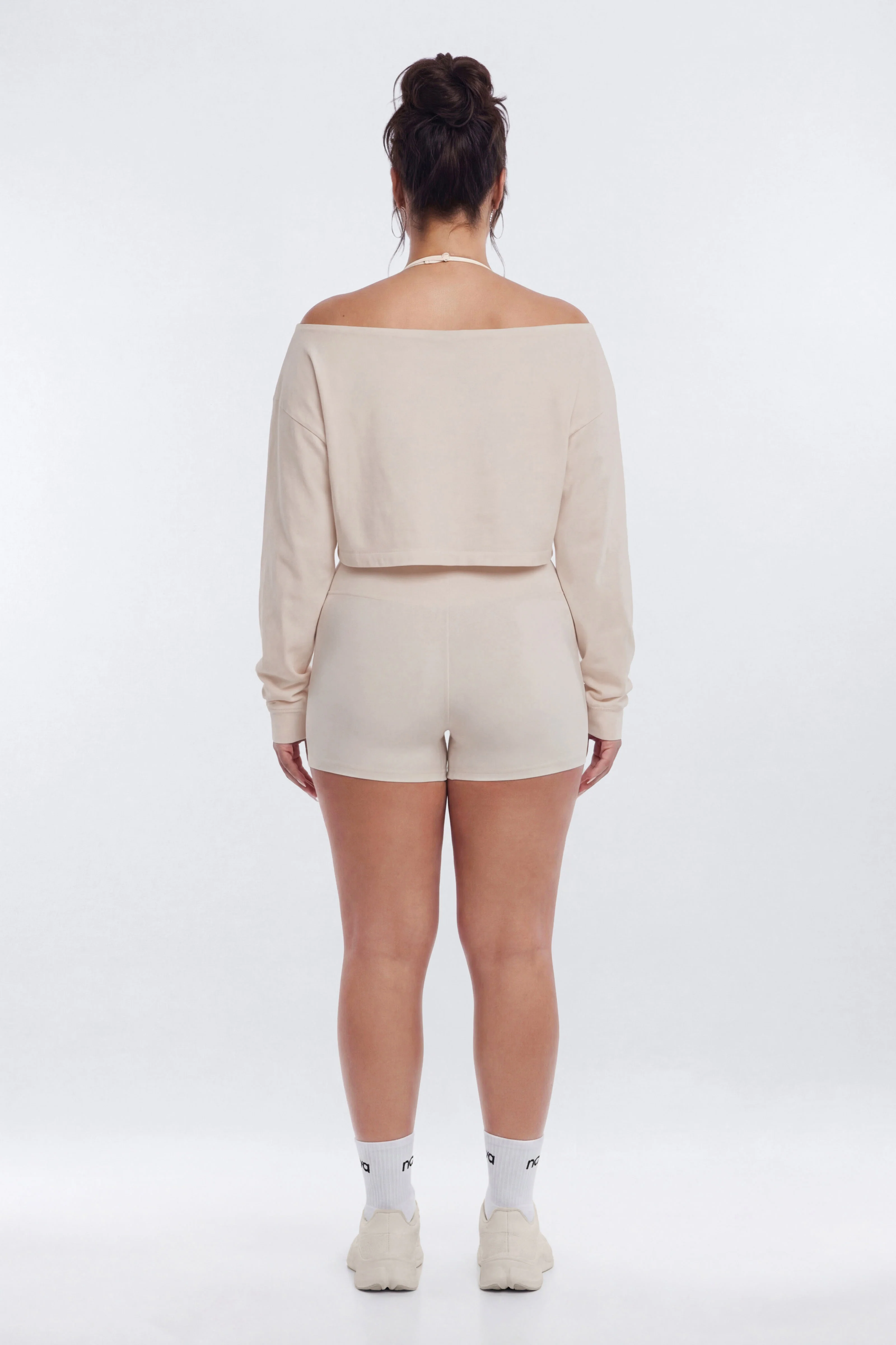 Cotton Jersey Off Shoulder Long Sleeve Crop Top - Oat Milk - Image 7