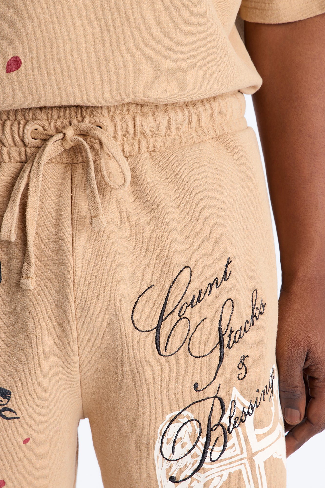 Count Your Blessings Embroidered Relaxed Sweatshort - Tan - Image 4
