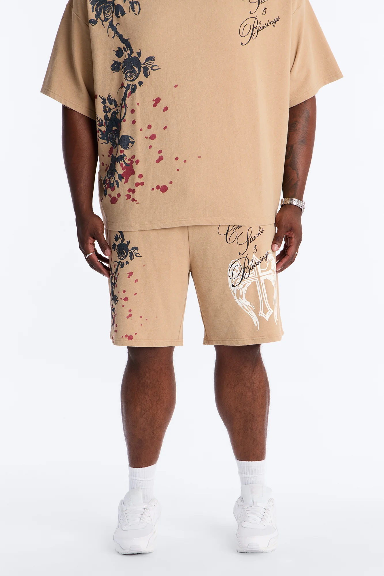 Count Your Blessings Embroidered Relaxed Sweatshort - Tan - Image 6