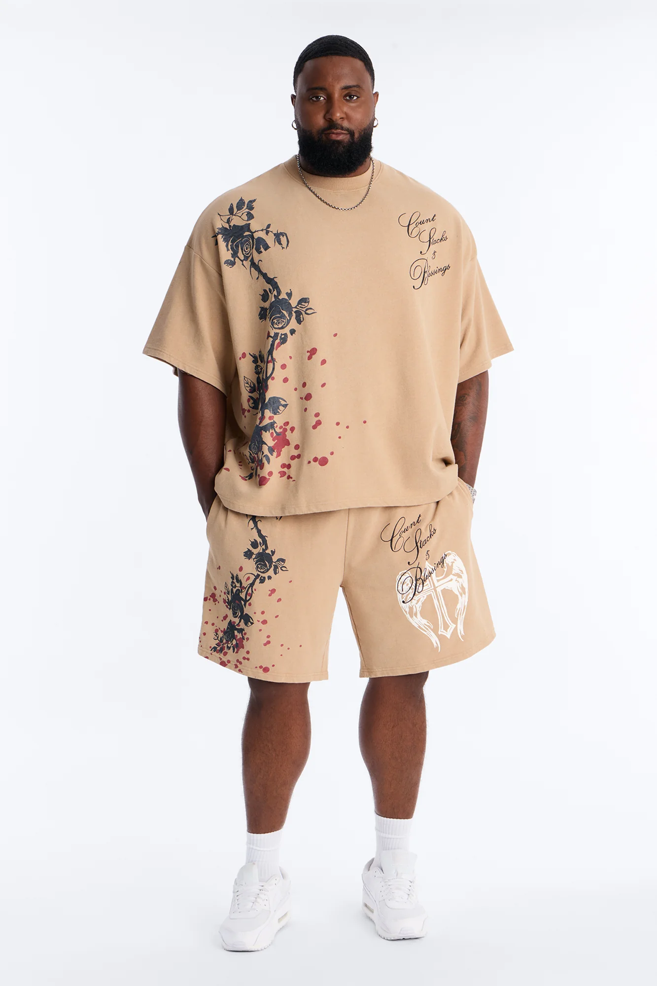 Count Your Blessings Embroidered Relaxed Sweatshort - Tan - Image 7
