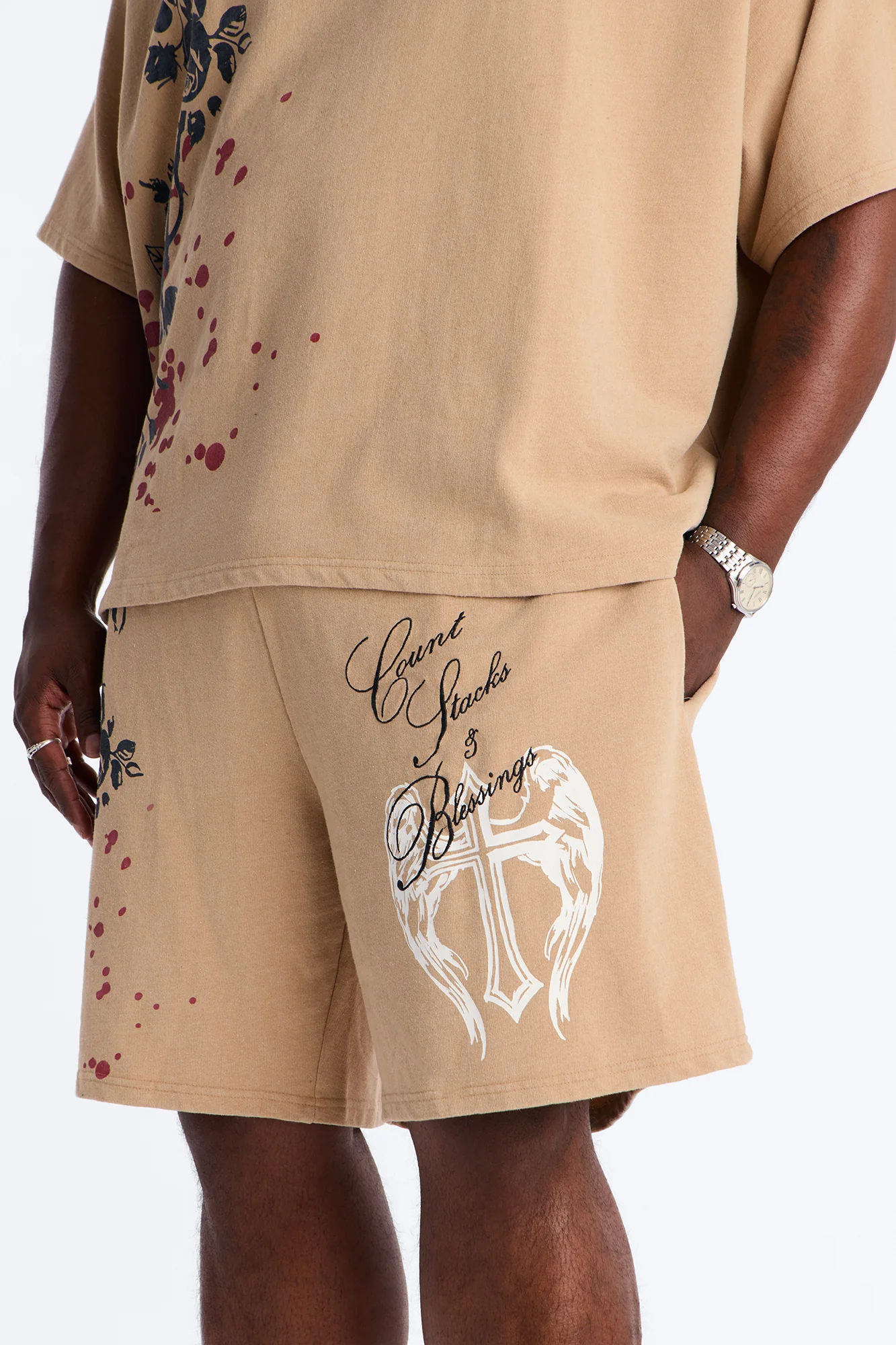Count Your Blessings Embroidered Relaxed Sweatshort - Tan - Image 9