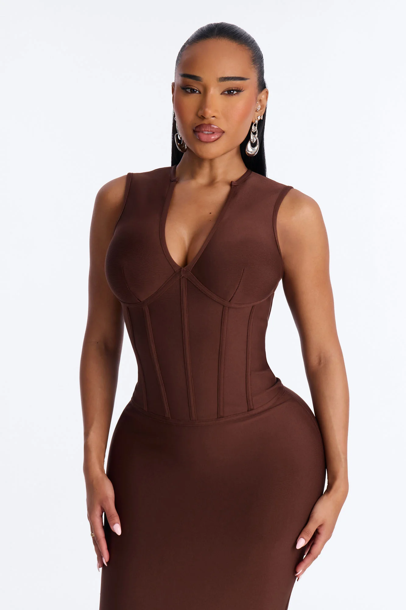 Courtney Corset Waist Bandage Maxi Dress - Chocolate - Image 2
